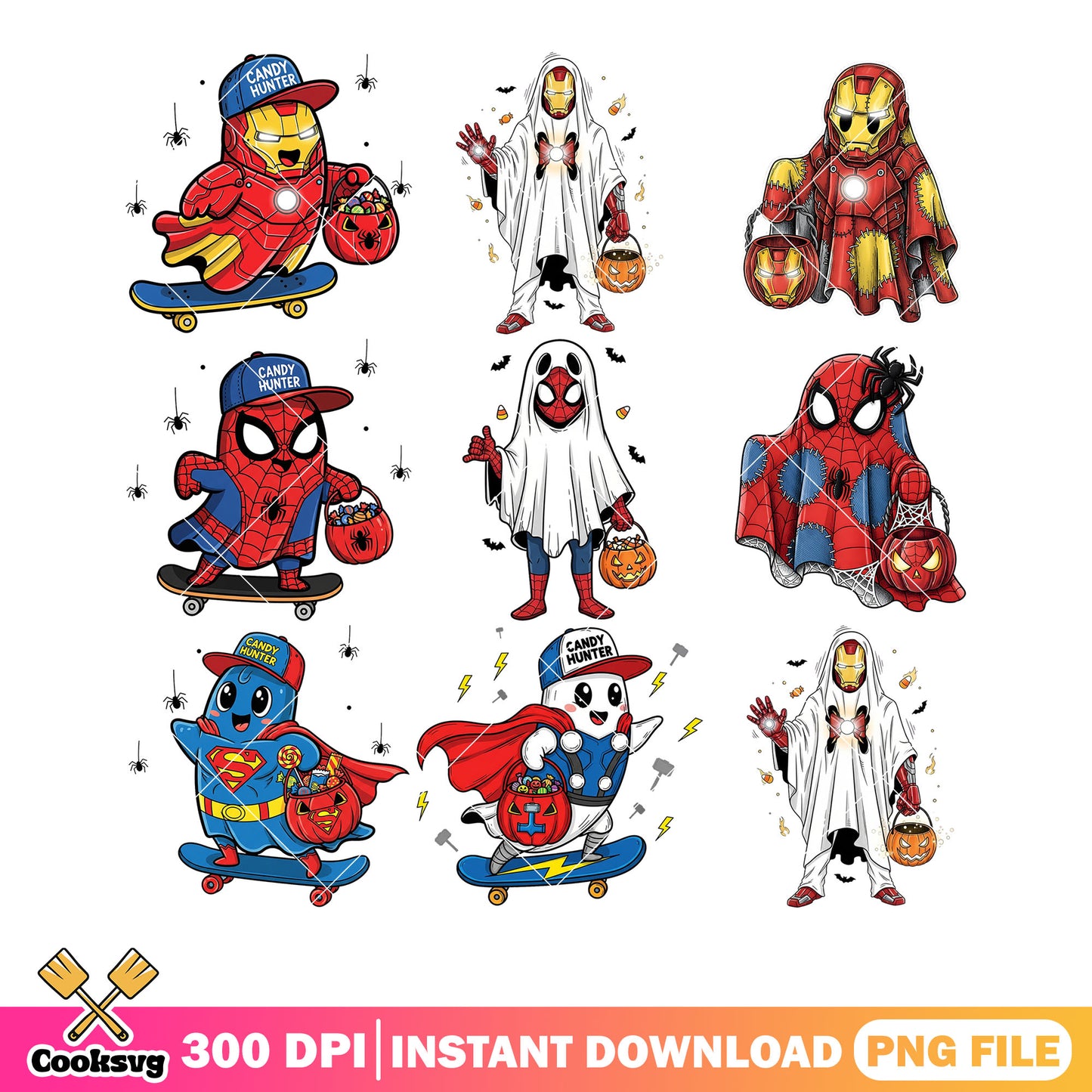 Adorable chibi super hero png bundle, chibi thor png, ghost blanket png
