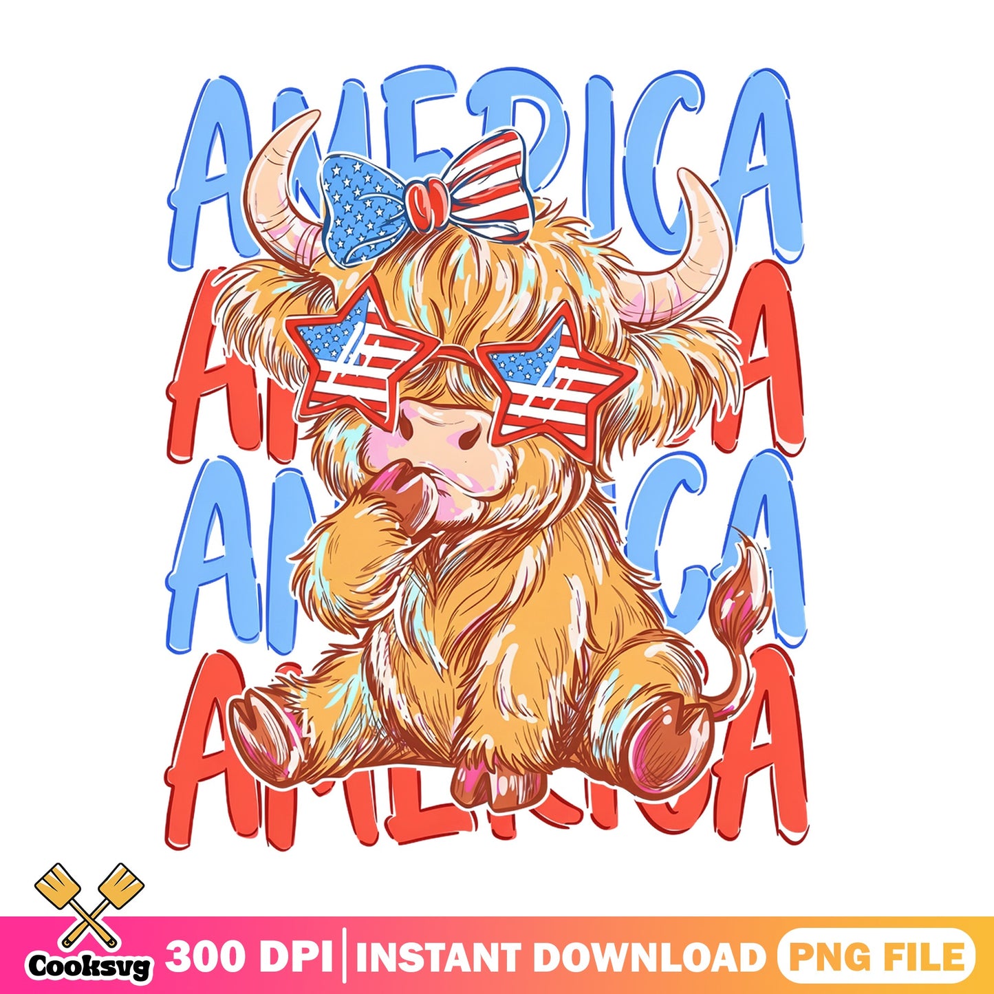 America Highland Cow PNG, 4th Of July PNG, Patriotic Cow PNG