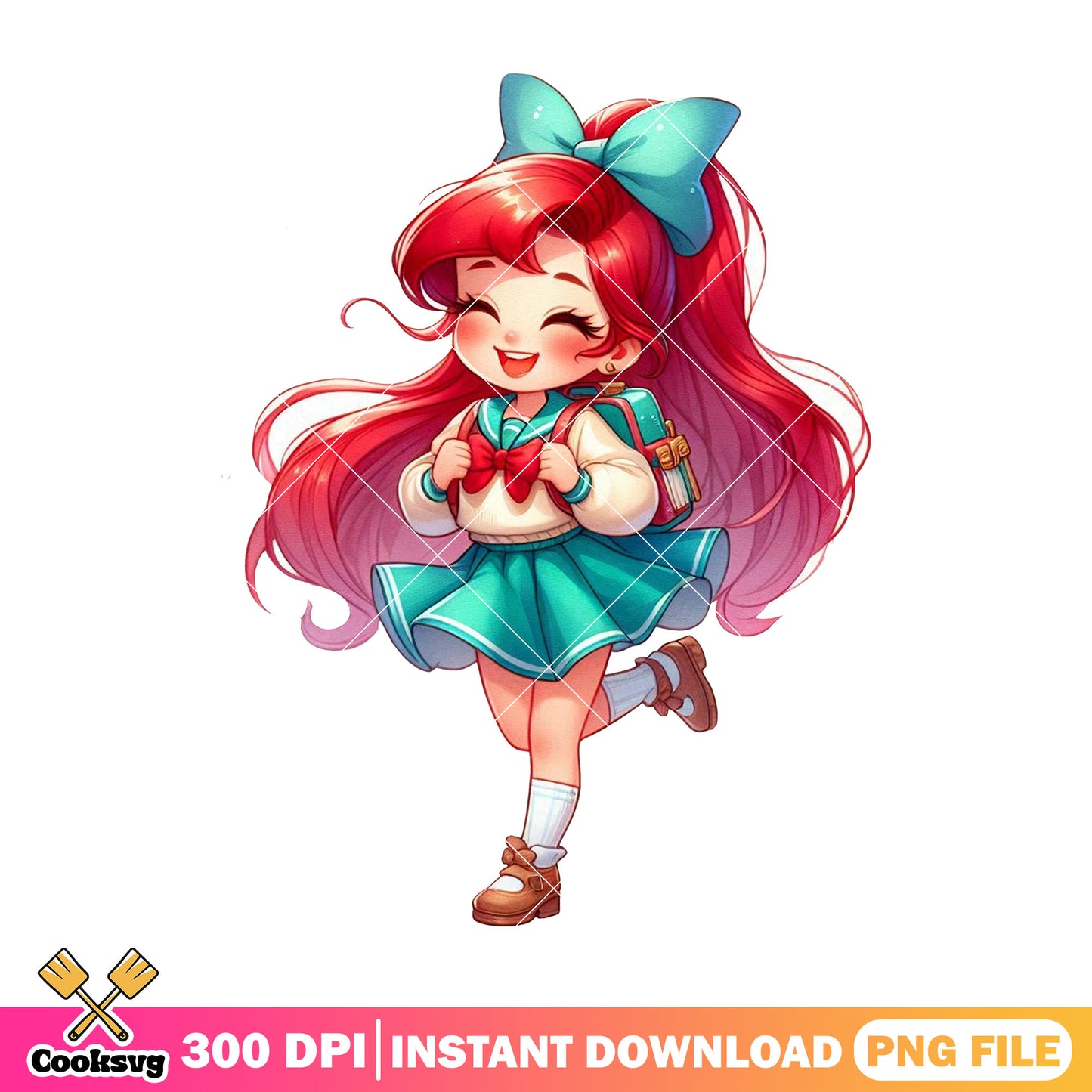 Ariel chibi green bow png, go back to school png, princess cute png