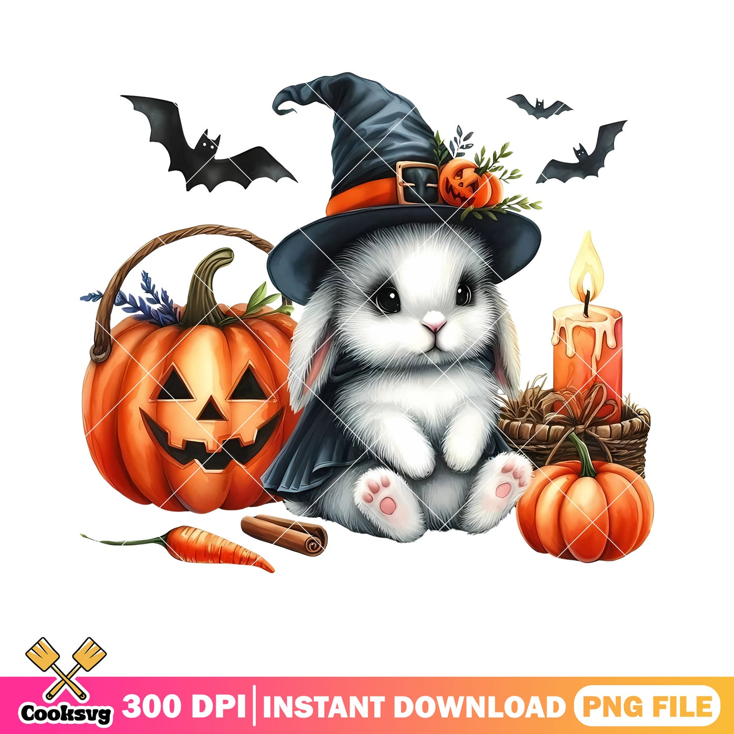 Baby rabbit scary pumpkin png, witch hat png, crazy halloween night png