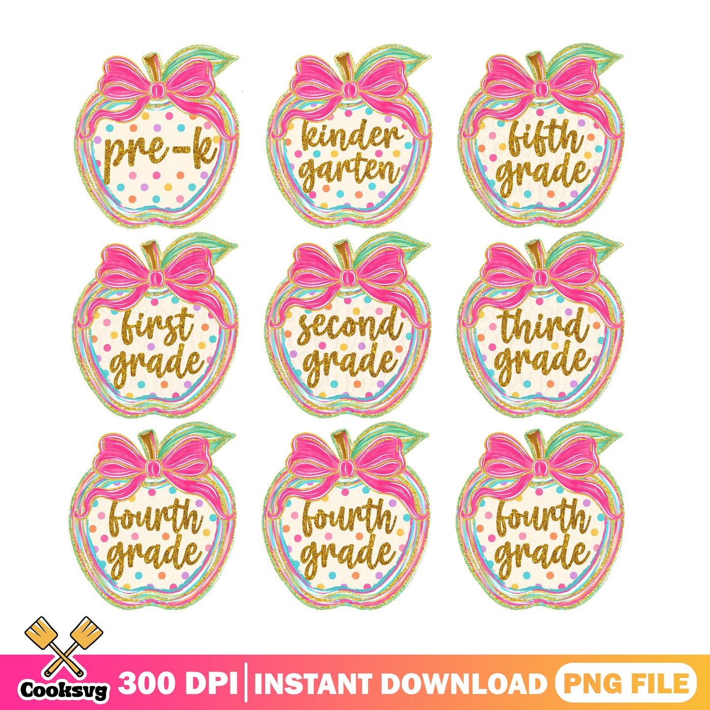 Back To School Apple PNG Bundle, Teacher Grade Clipart PNG, Coquette PNG