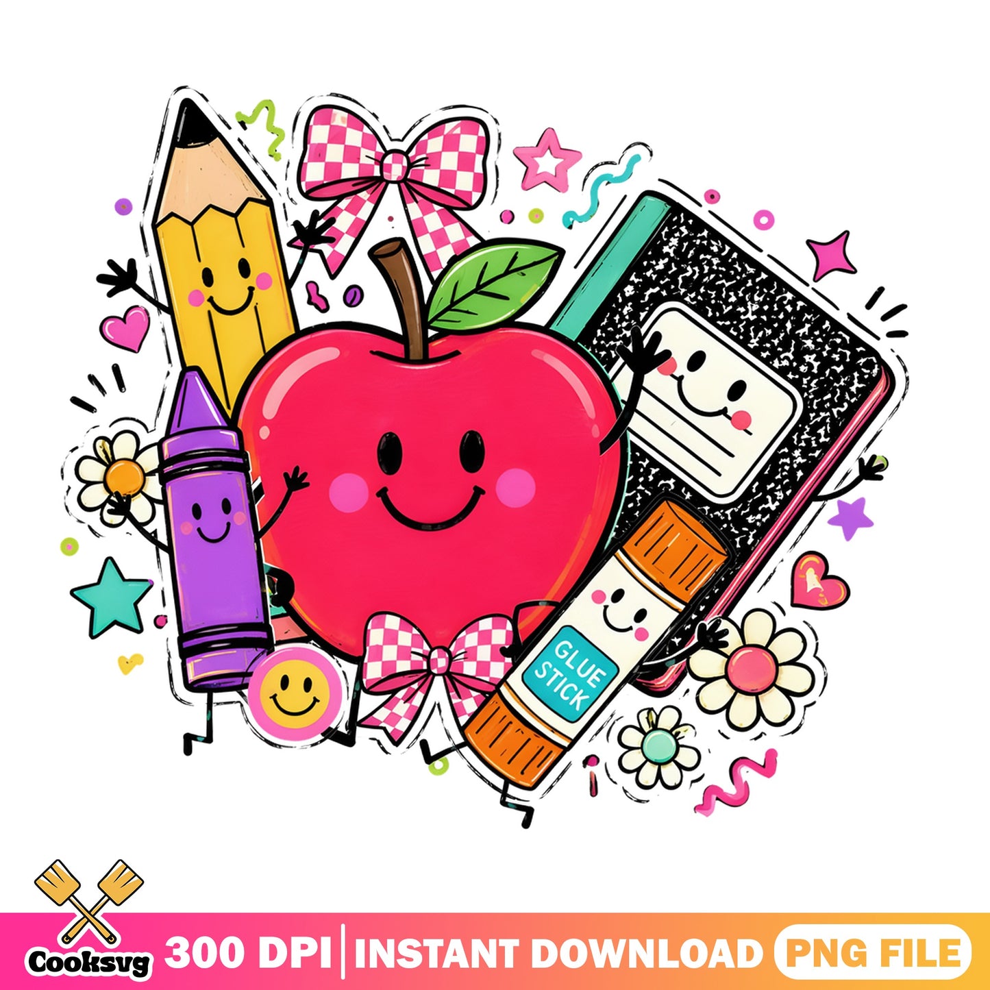 Back To School Cute Characters PNG, Teacher Apple PNG, School Supplies PNG