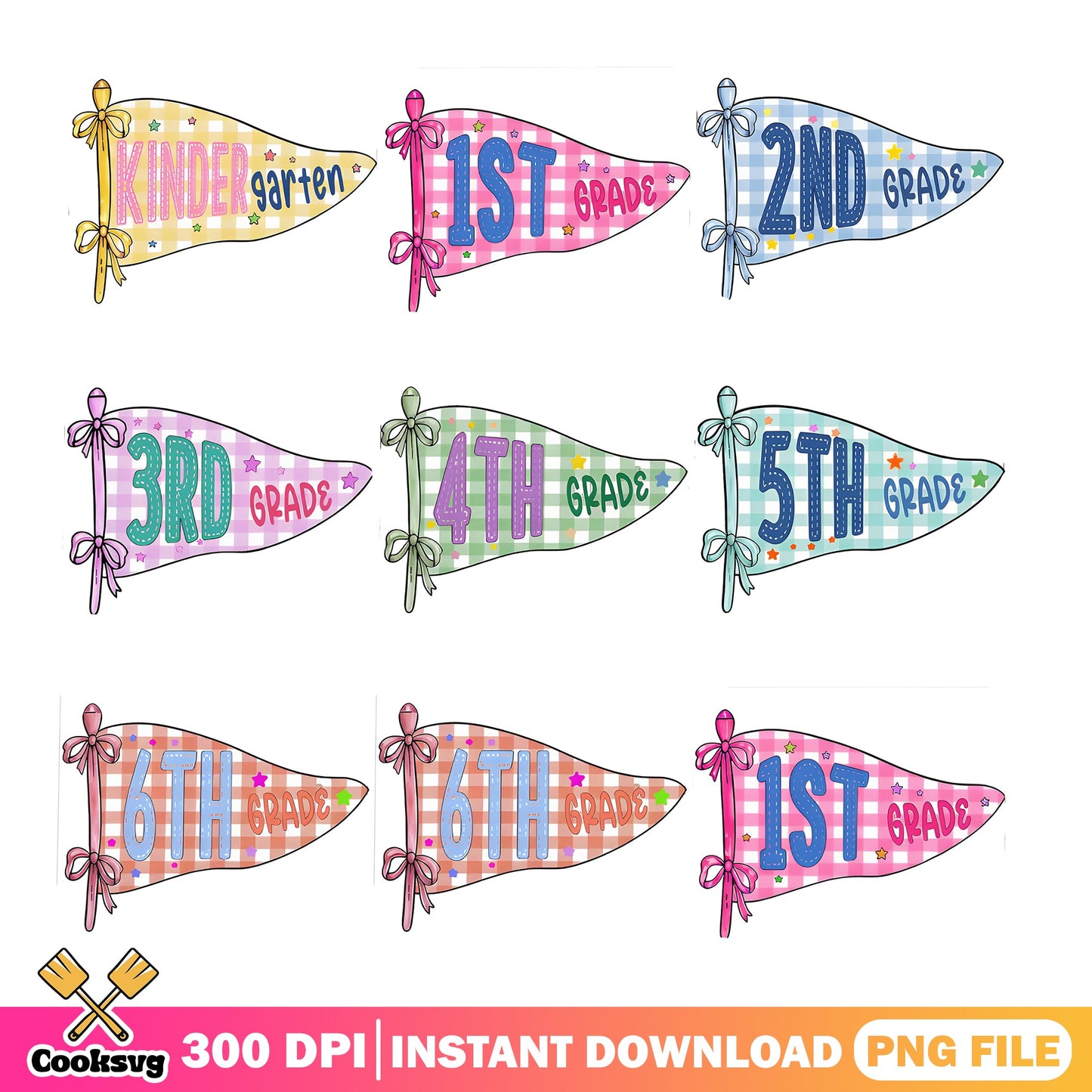 Back To School Pennant Flag PNG Bundle, Grade Level PNG, Teacher PNG