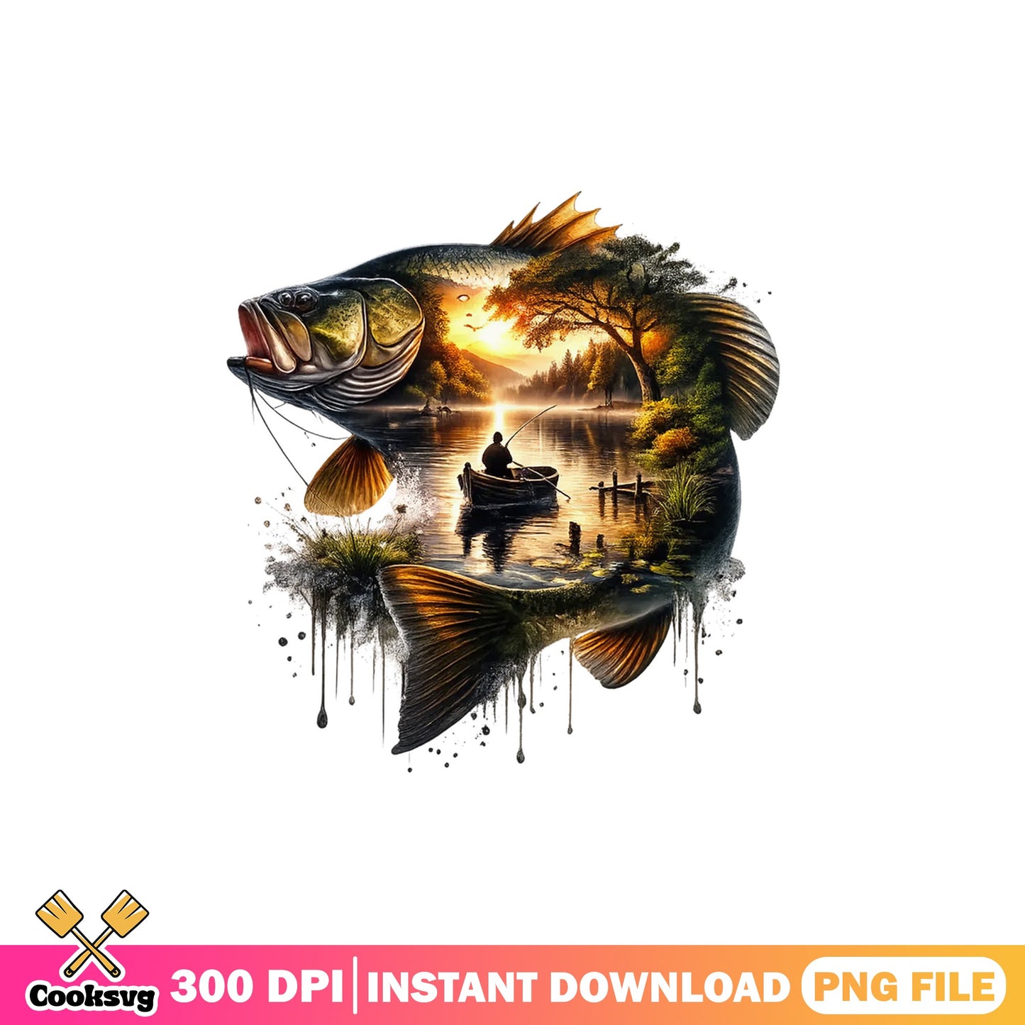 Bass Fishing Double Exposure PNG, Fisherman Boat PNG, Fish PNG