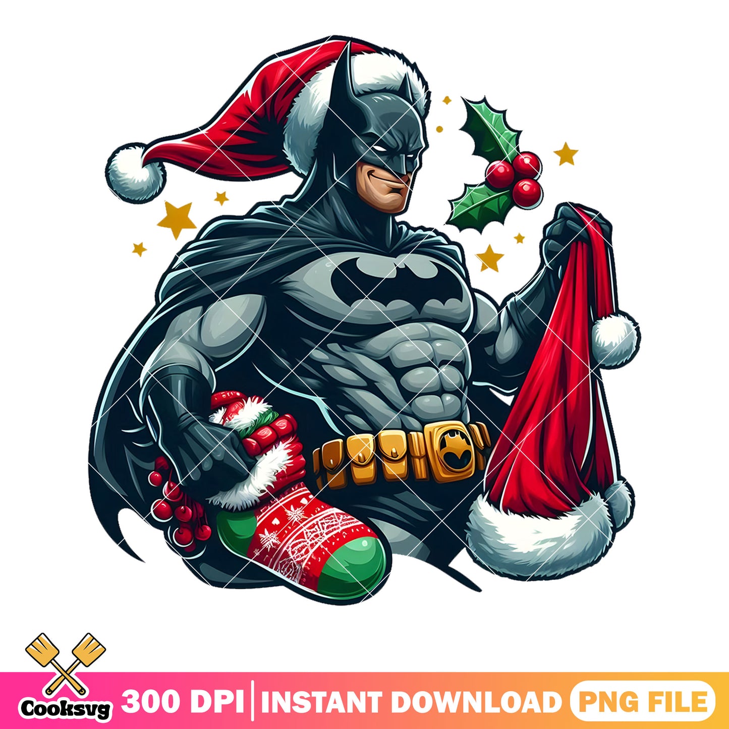 Batman merry christmas png, batman holly png, stocking hat santa png