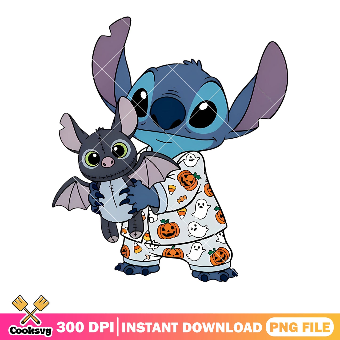 Bats doll and Stich png, wicker pumpkin png, happy halloween png