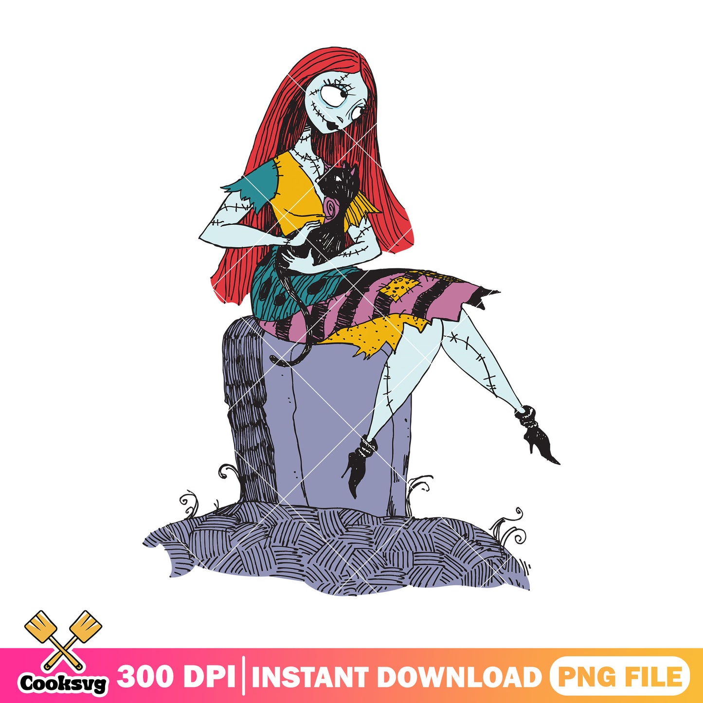 Black cat with sally design png, halloween happy png, sally horror png