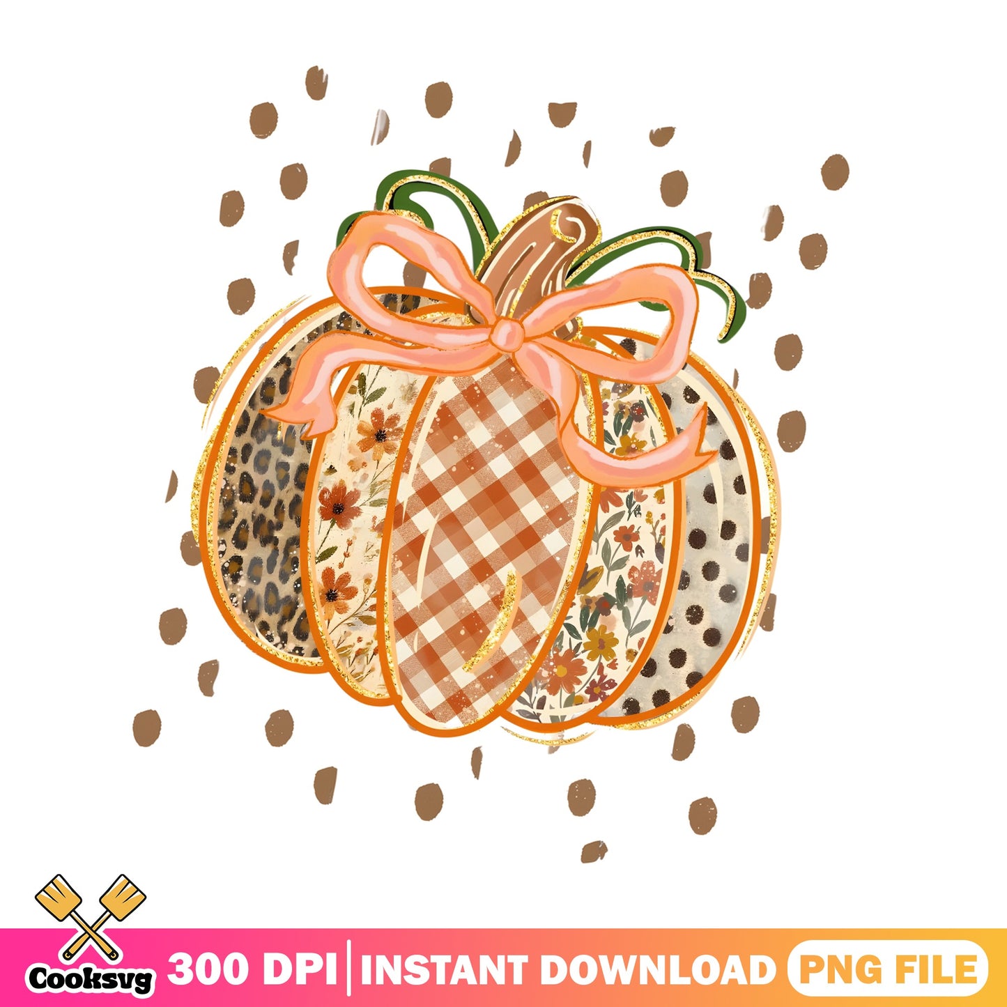 Boho Pumpkin With Bow Fall PNG, Leopard Floral Pumpkin PNG, Halloween PNG
