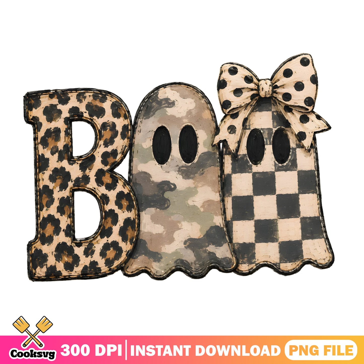 Boo Ghost Leopard Checkered Halloween PNG, Retro Ghost PNG, Halloween PNG