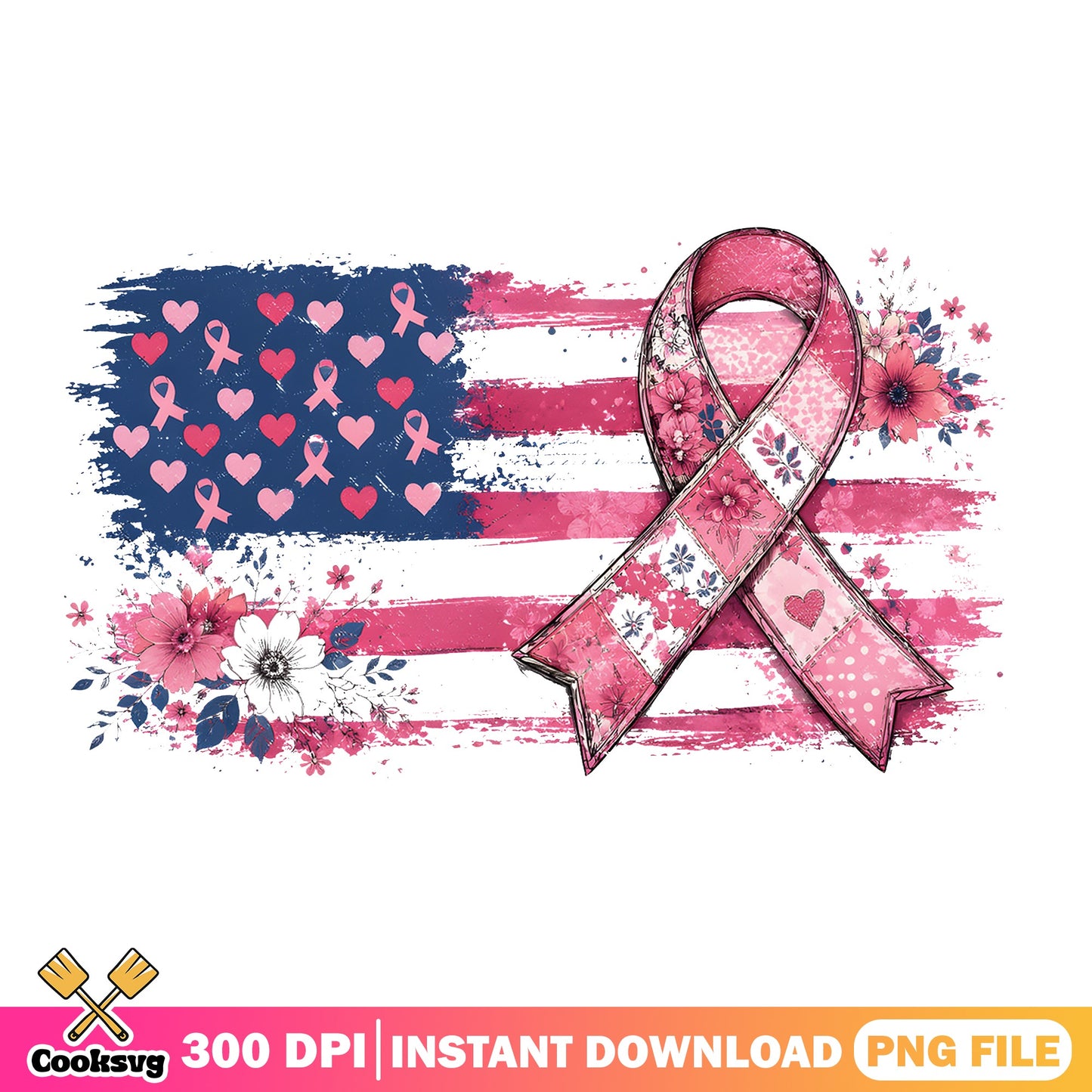 Breast Cancer Awareness American Flag PNG, Pink Ribbon PNG, Floral Flag PNG