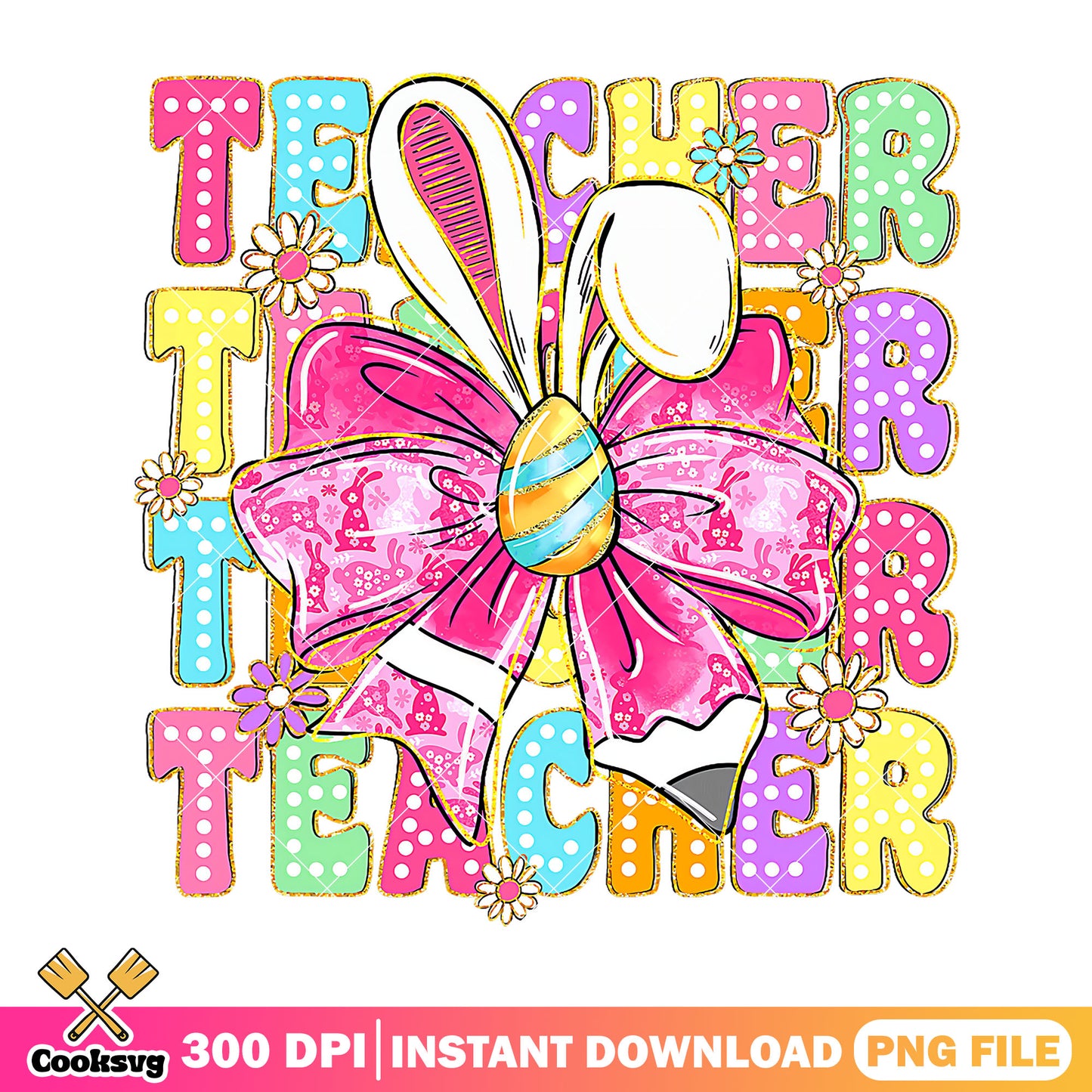 Bunny pink bow png, back to school decor png, teacher font png