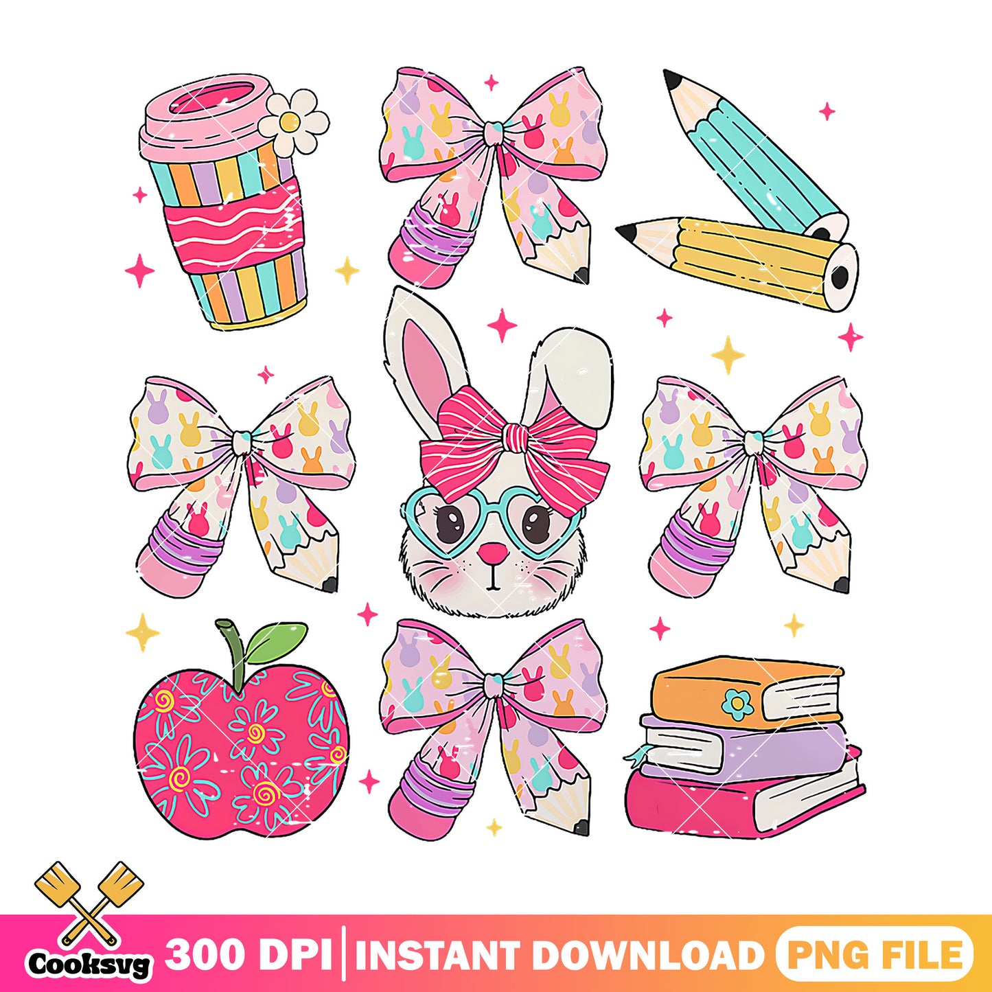 Bunny school items design png, cute item png, going back to school png