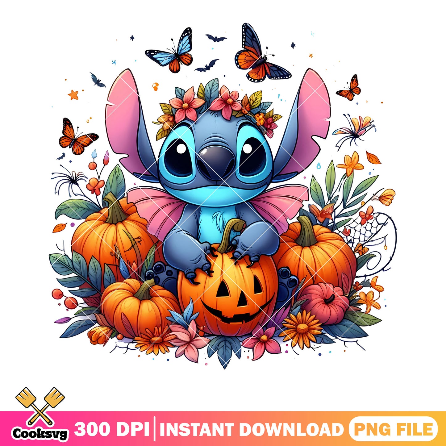 Butterfly jack o lantern png, disney halloween png, flower garland png