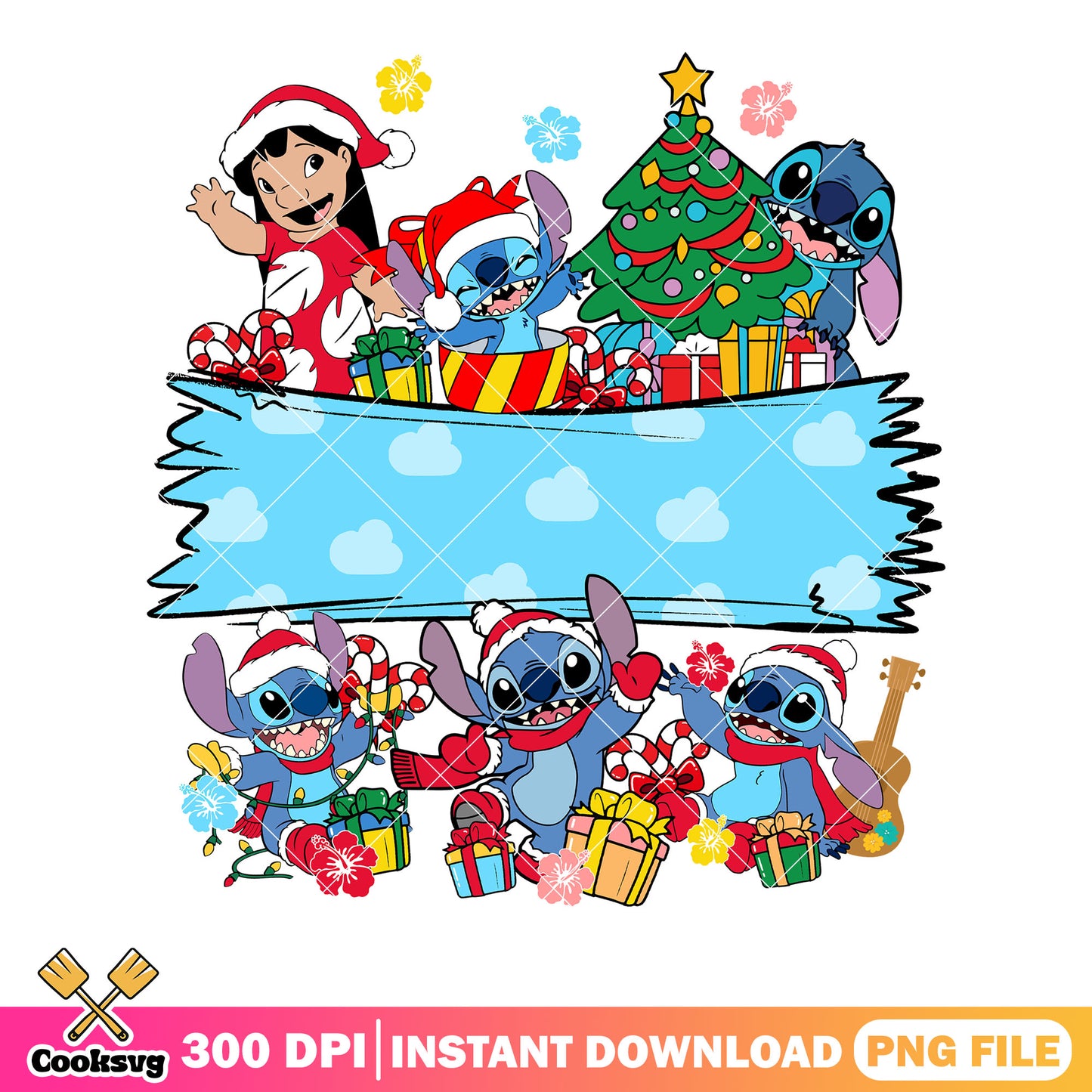 Chibi xmas stitch poster png, merry xmas png, christmas gifts png