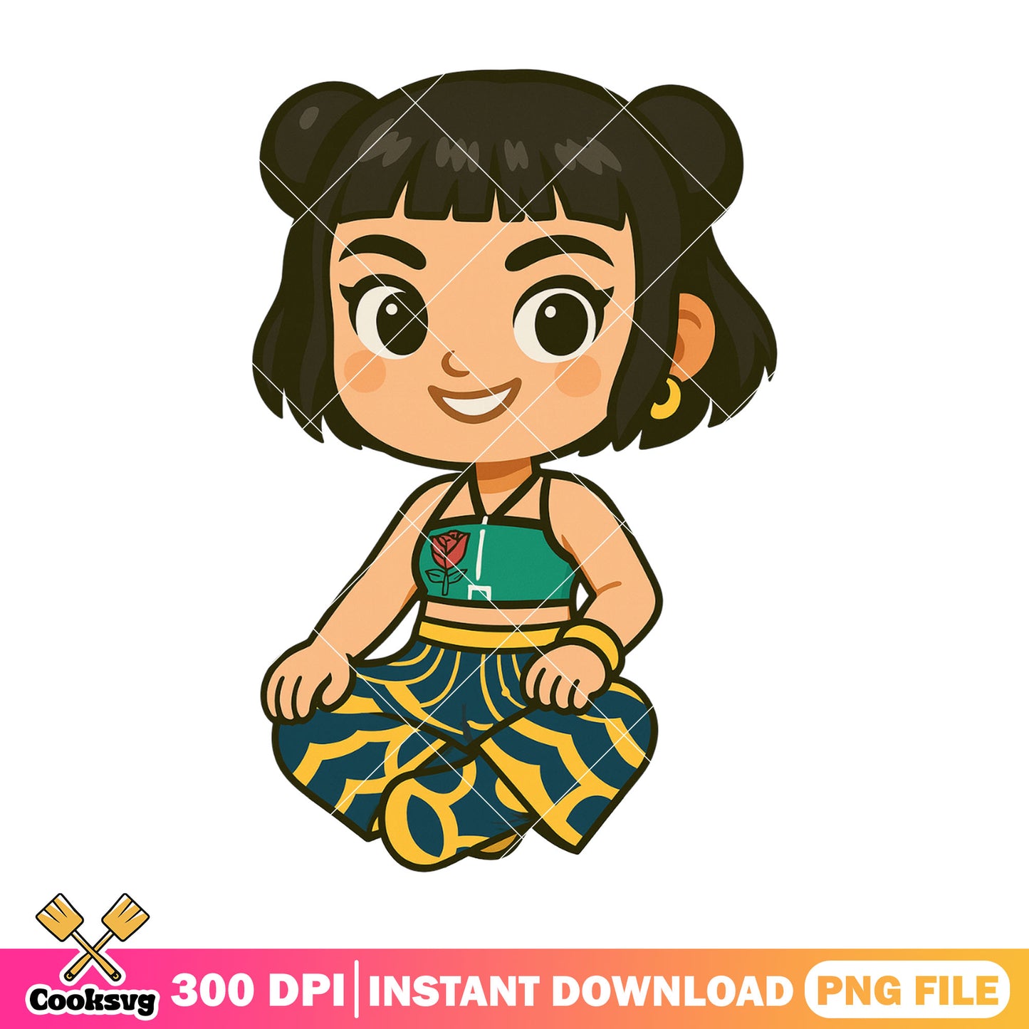 Chibi zoey sitting pose png, rumi huntrix png, huntrix band png