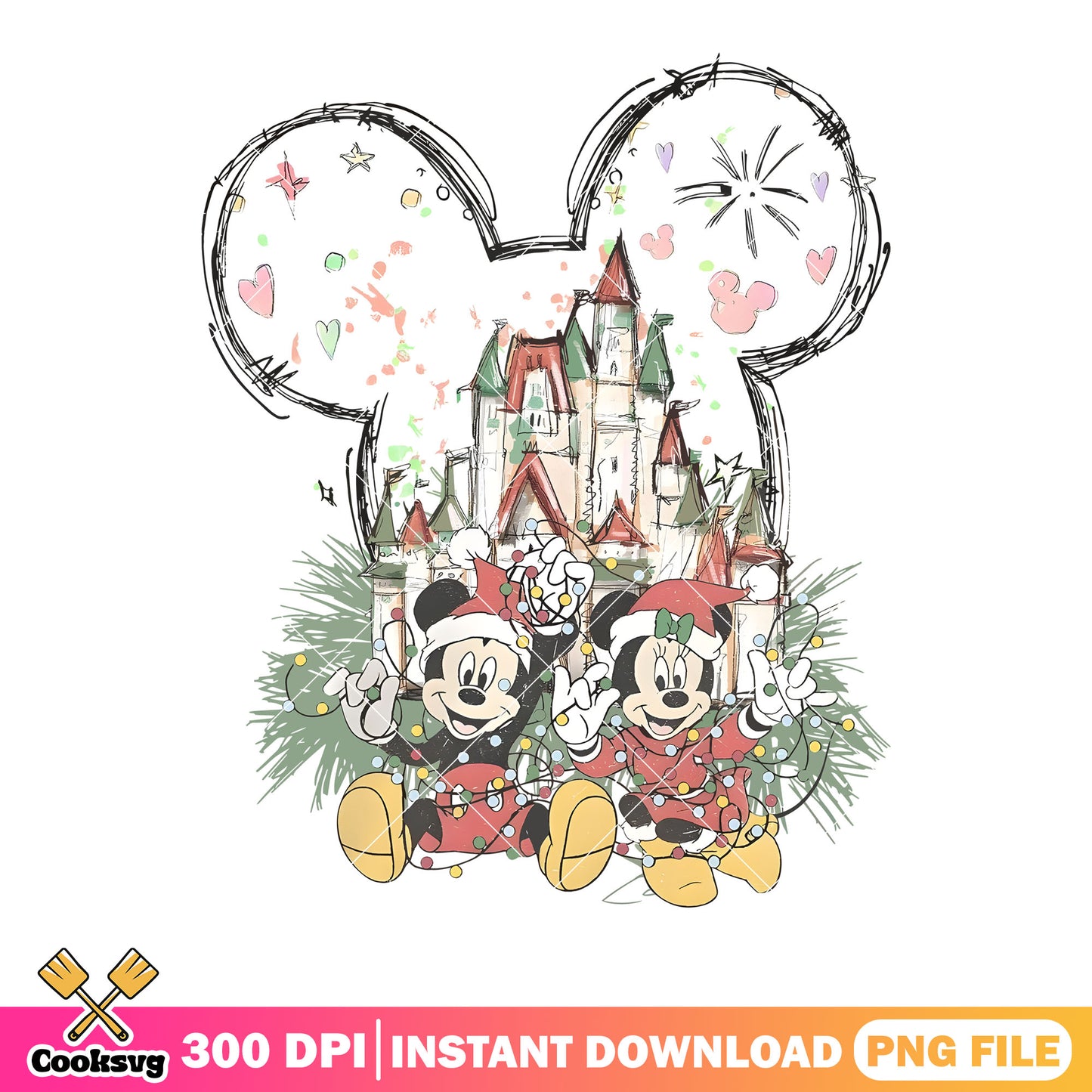 Christmas Mickey castle minnie png, diney png, christmas lights png