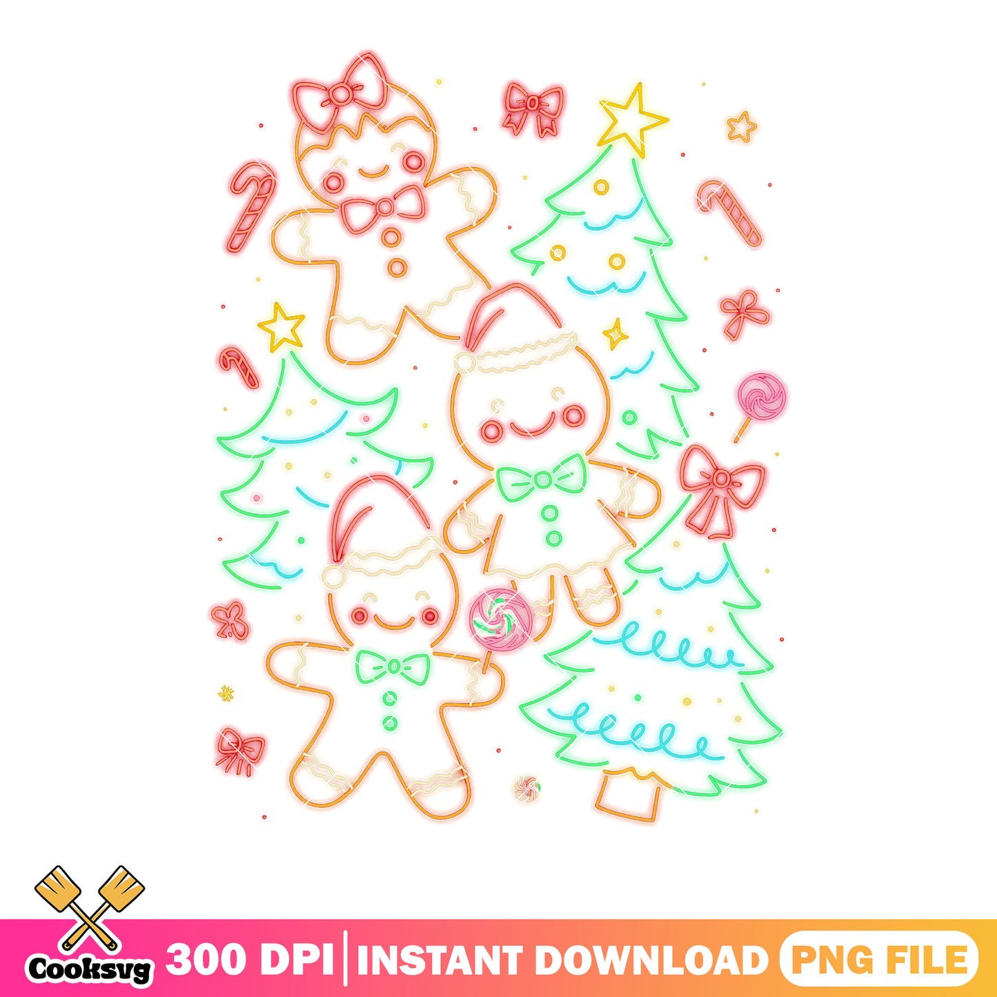 Christmas gingerbread neon png, christmas decor png, christmas bow png