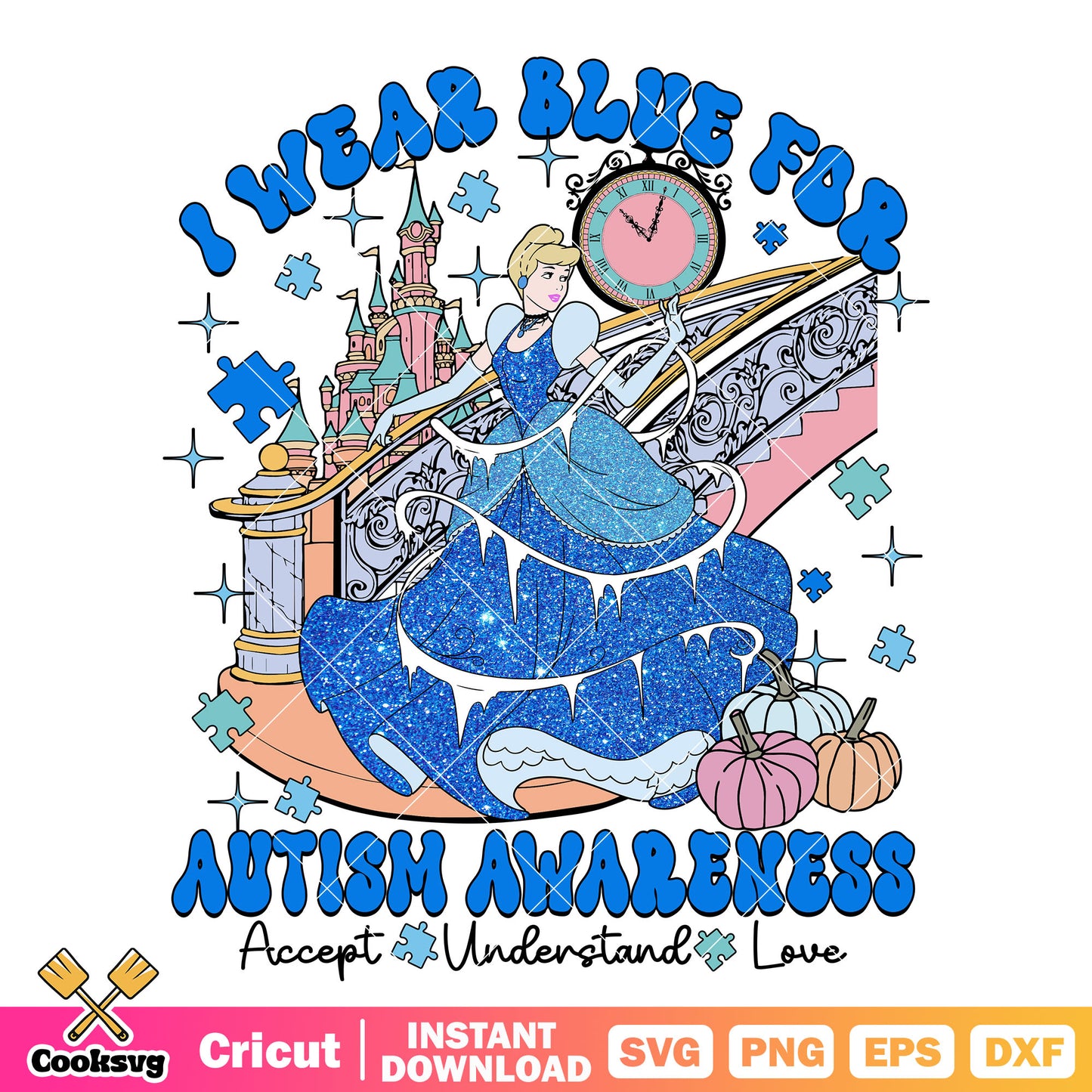 Cinderella I wear blue for autism png, autism awareness png