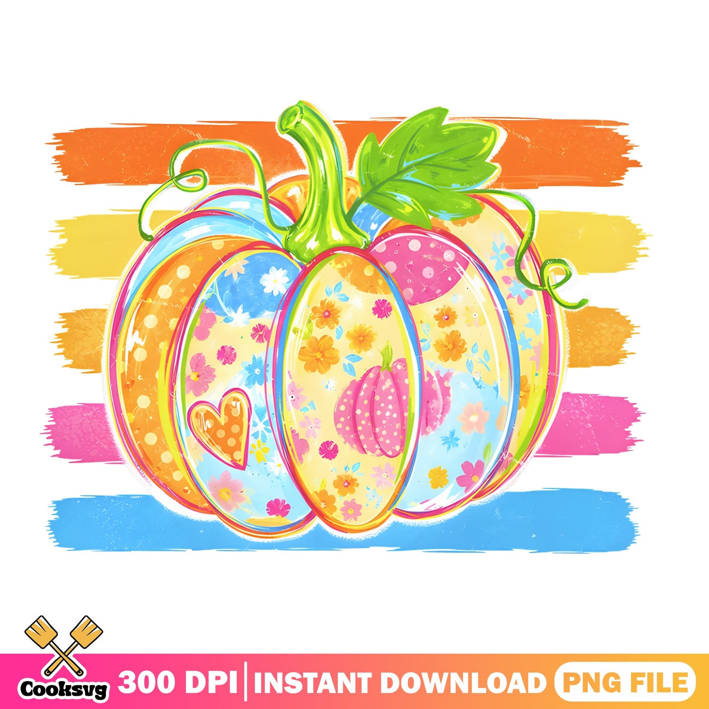 Colorful Floral Pumpkin PNG, Fall Halloween PNG, Retro PNG