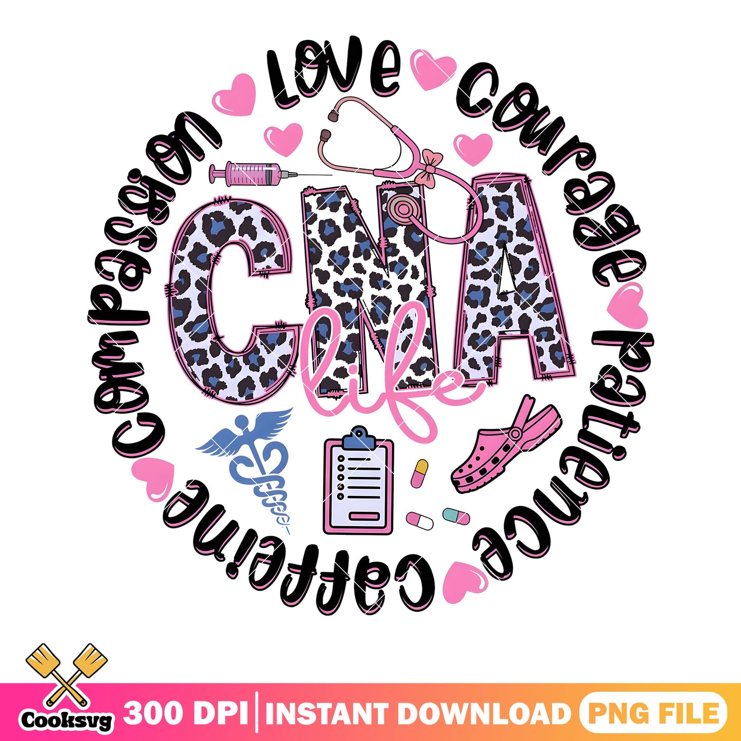 Com passion love coupage png, doctor vibes png, leopard pattern png