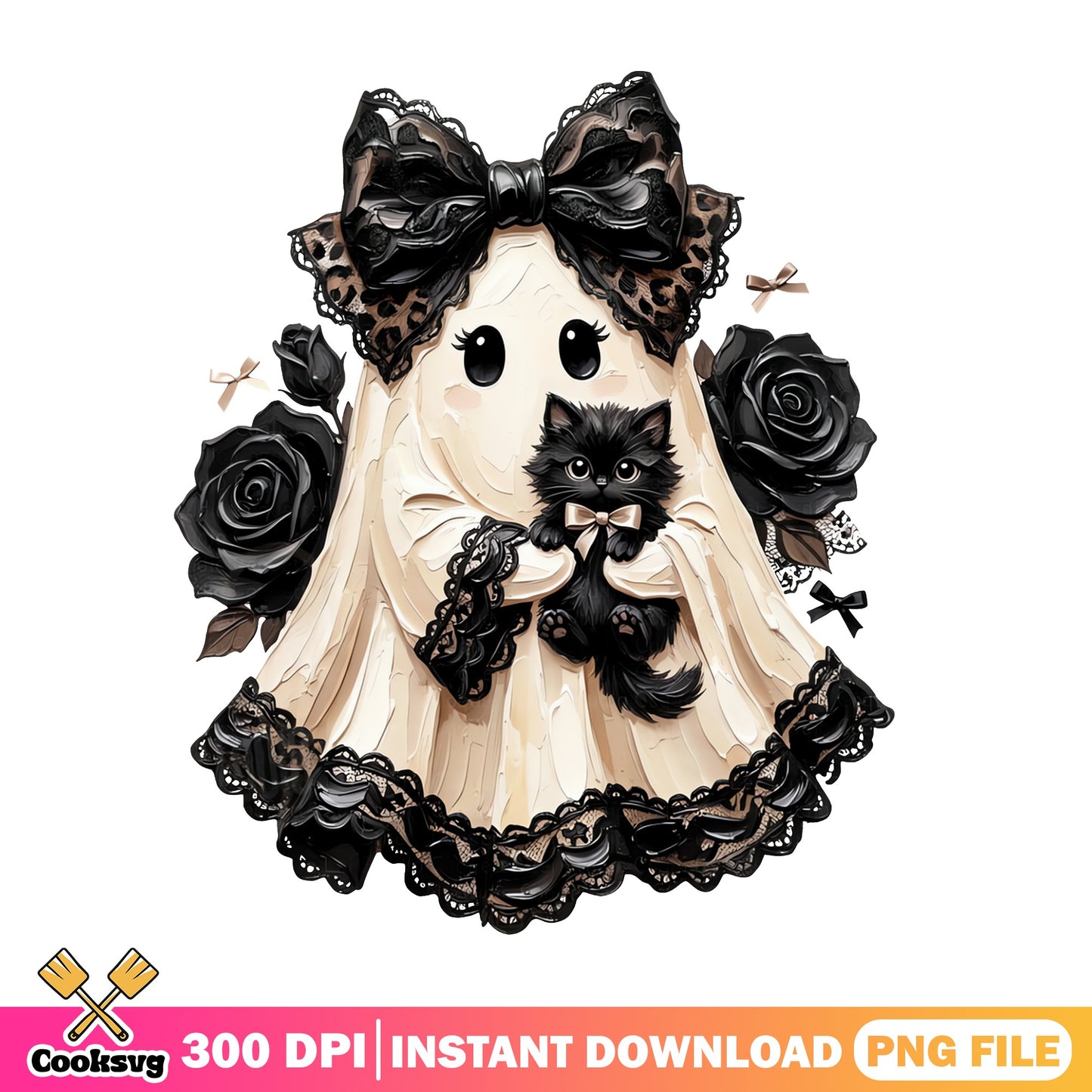 Coquette Ghost With Black Cat Halloween PNG, Floral Ghost PNG, Halloween PNG