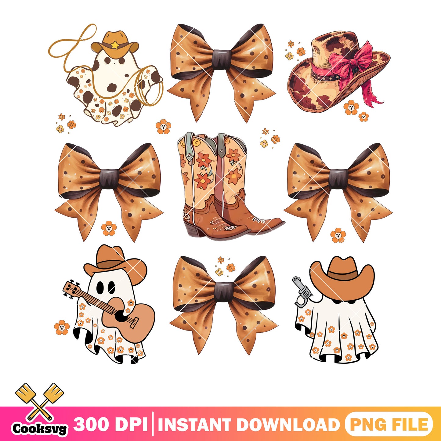 Cowboy ghost guitar png, brown bow tie png, halloween scary png