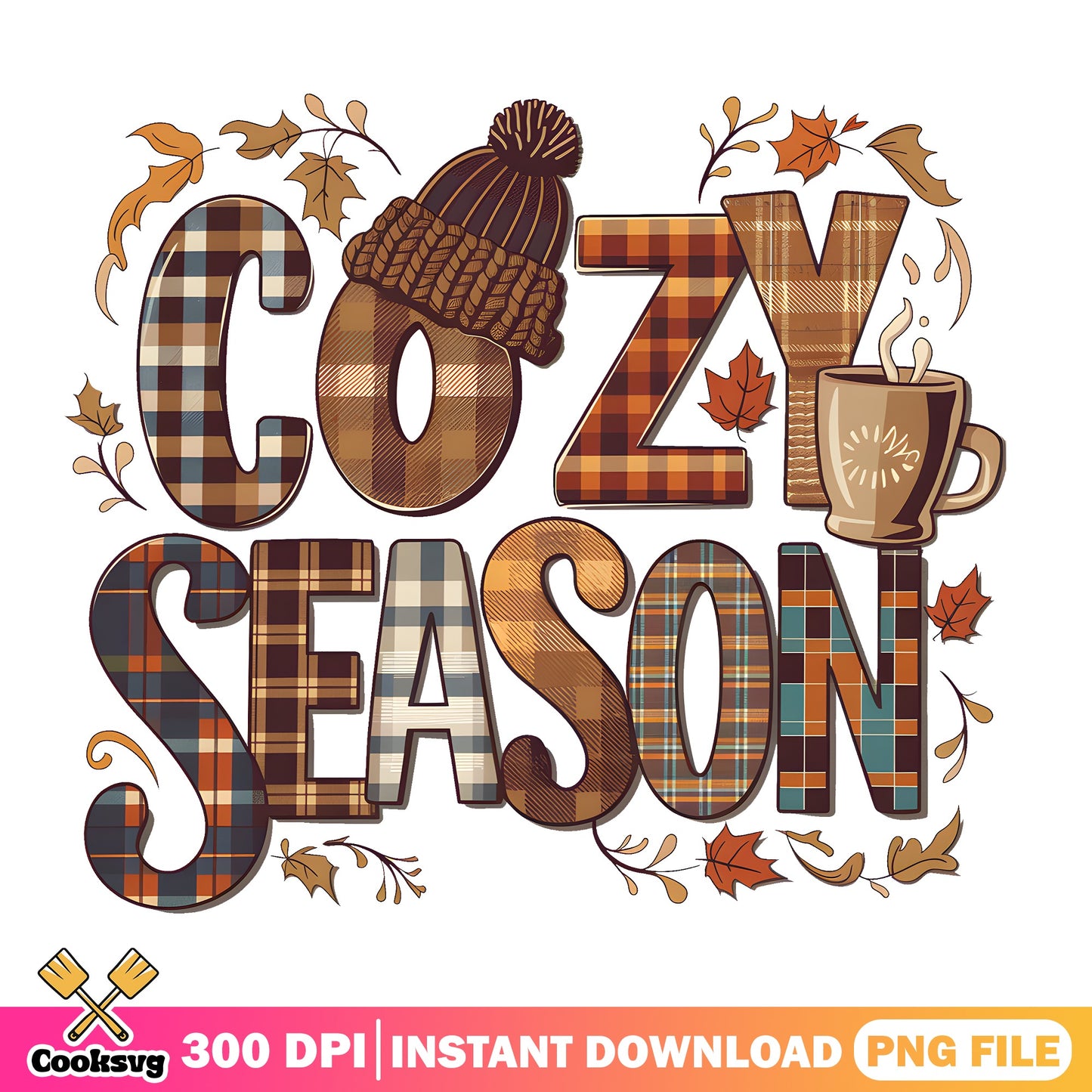 Cozy Season Plaid PNG, Fall Autumn Leaves PNG, Thanksgiving PNG