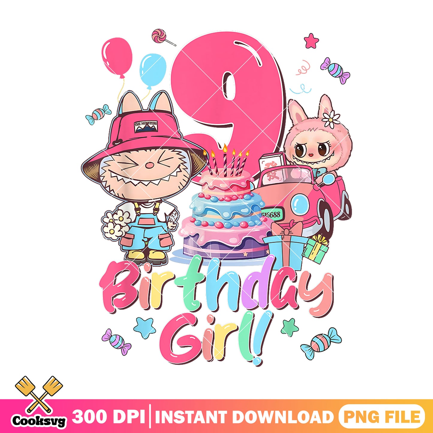 Cute 9th birthday girl labubu png, cute labubu png, birthday girl png