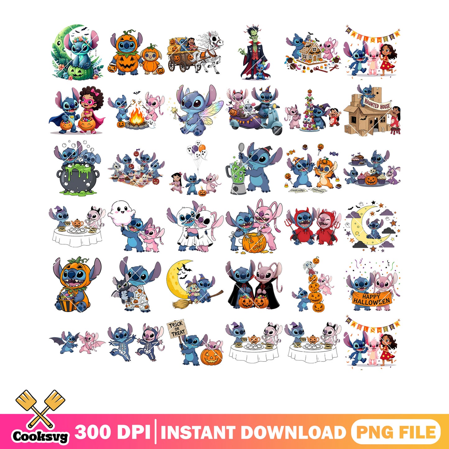 Cute Stitch and angel png bundle, cresent moon png, jack o lantern png