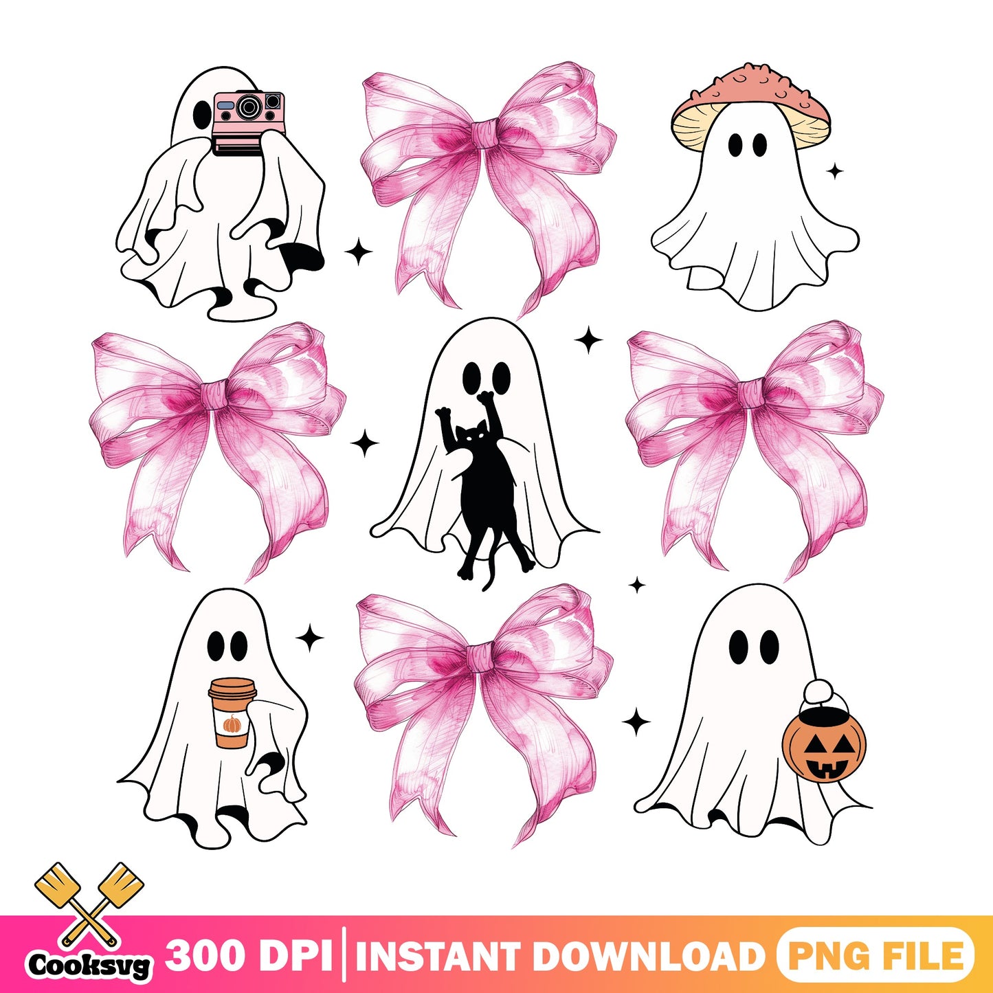 Cute Ghost Pink Bow Halloween Bundle, Spooky Ghost PNG, Halloween PNG