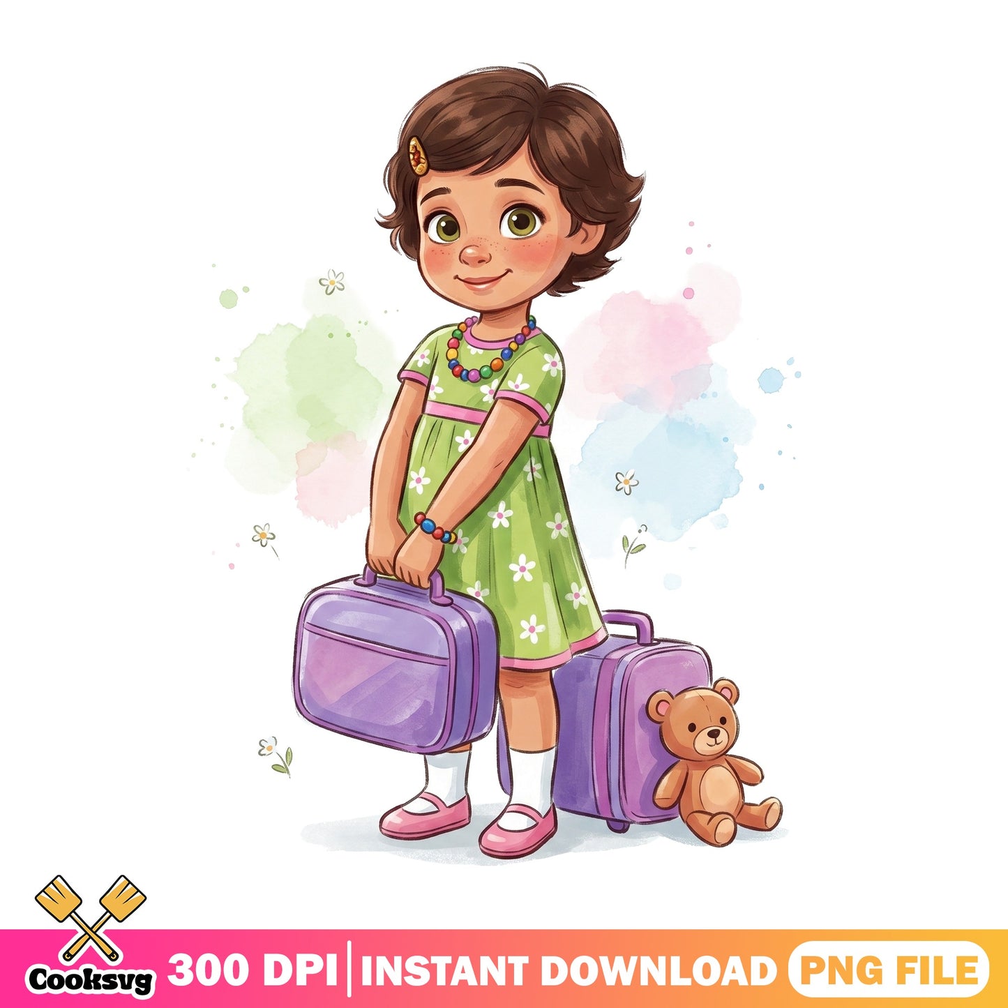 Cute Girl With Luggage Clipart, Travel Girl PNG, Watercolor PNG