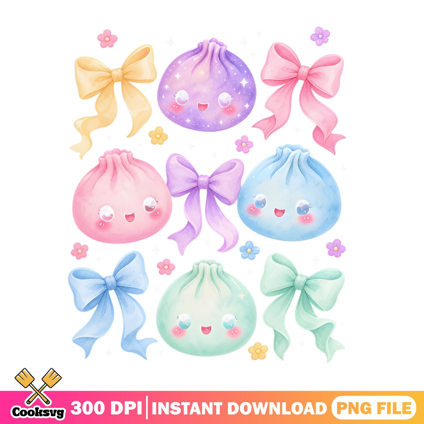 Cute Kawaii Dumpling With Bow PNG, Coquette Dumpling PNG, Pastel Food PNG