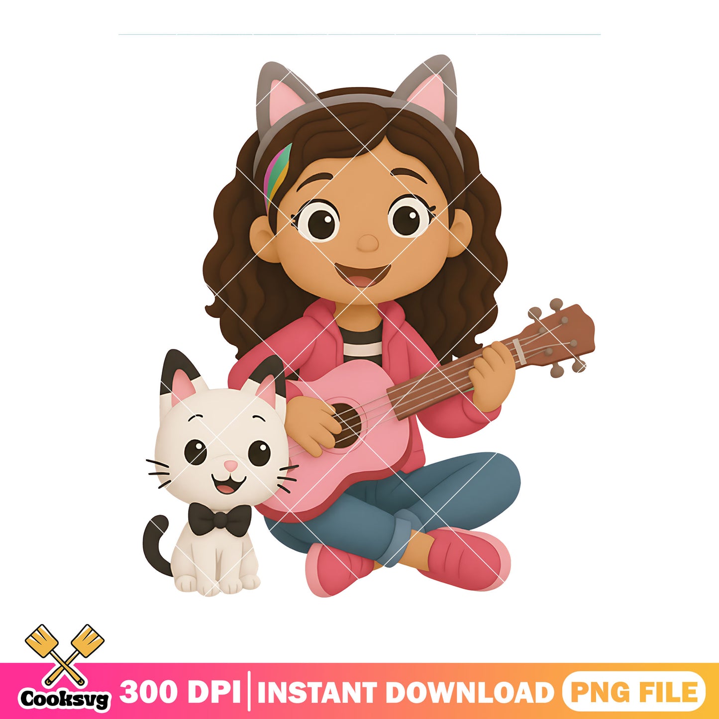 Cute cat and little gabby png, gabby dollhouse png, pink guitar png