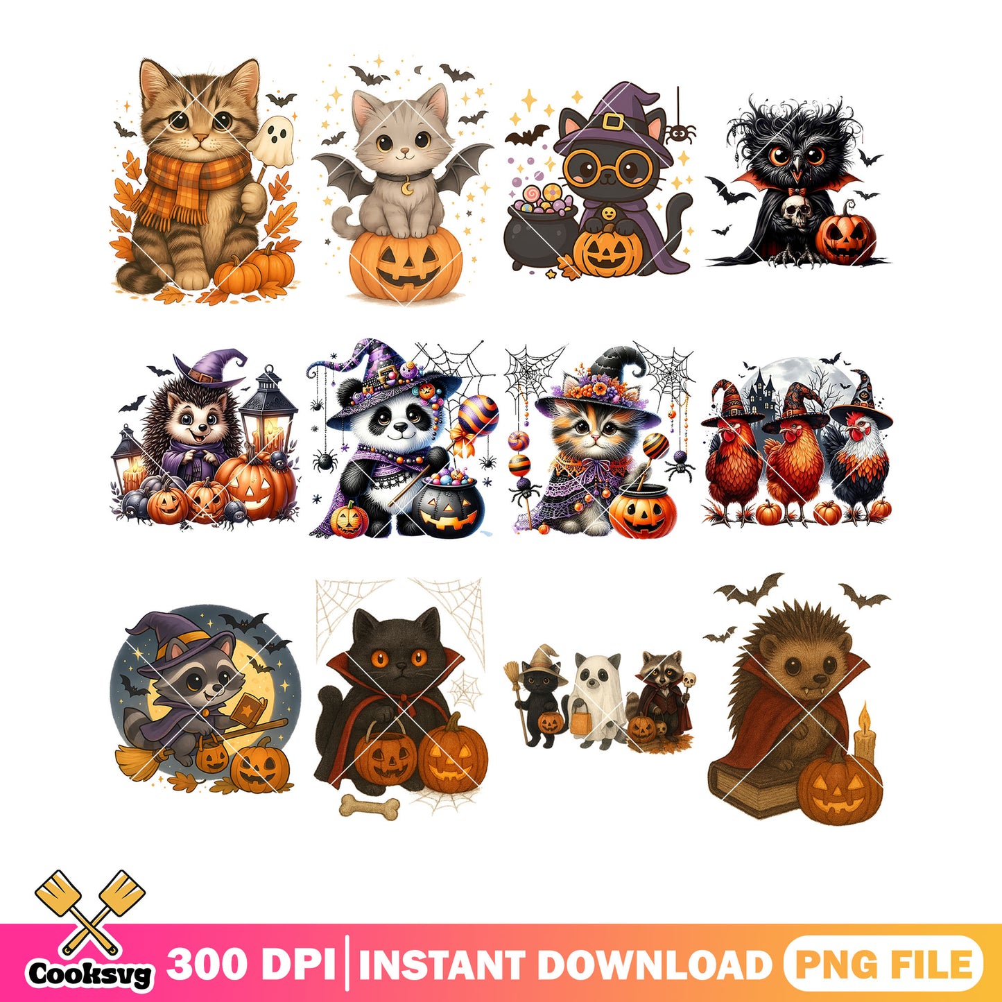 Cute cat chicken panda png bundle, jack o lantern png, vampire costume png