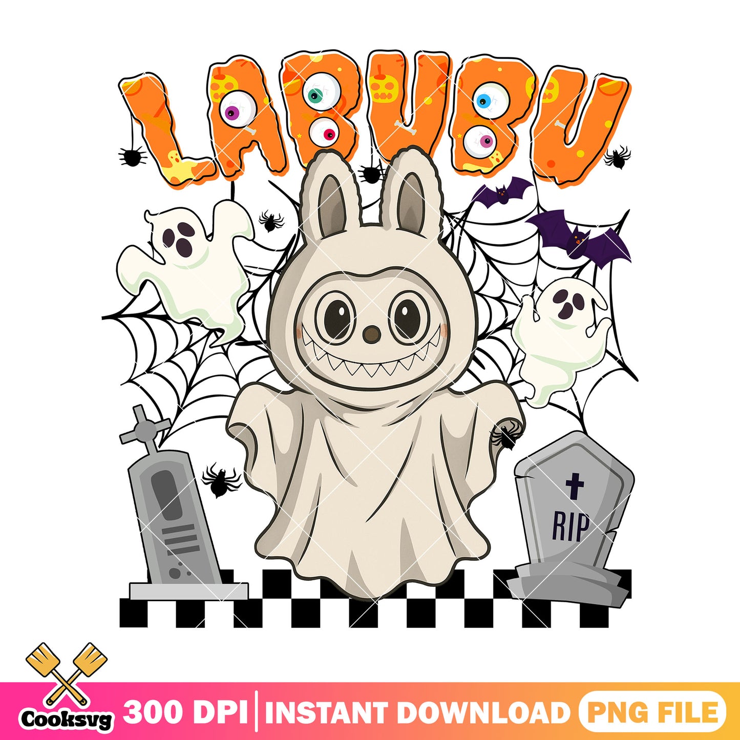 Cute ghost labubu rip png, white labubu png, horror halloween png