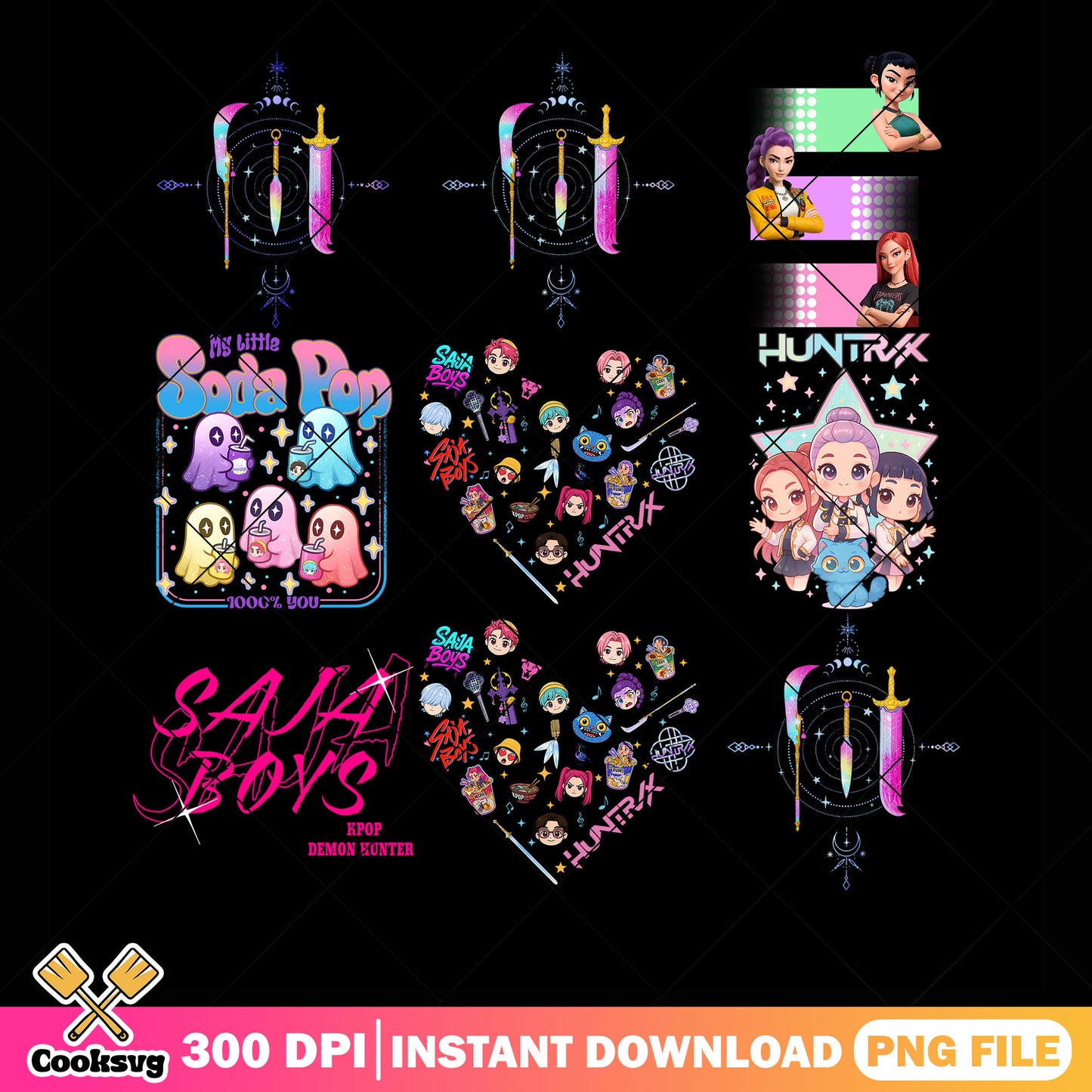 Cute kpop stuff png bundle, huntrix cute png, kpop demon hunters png