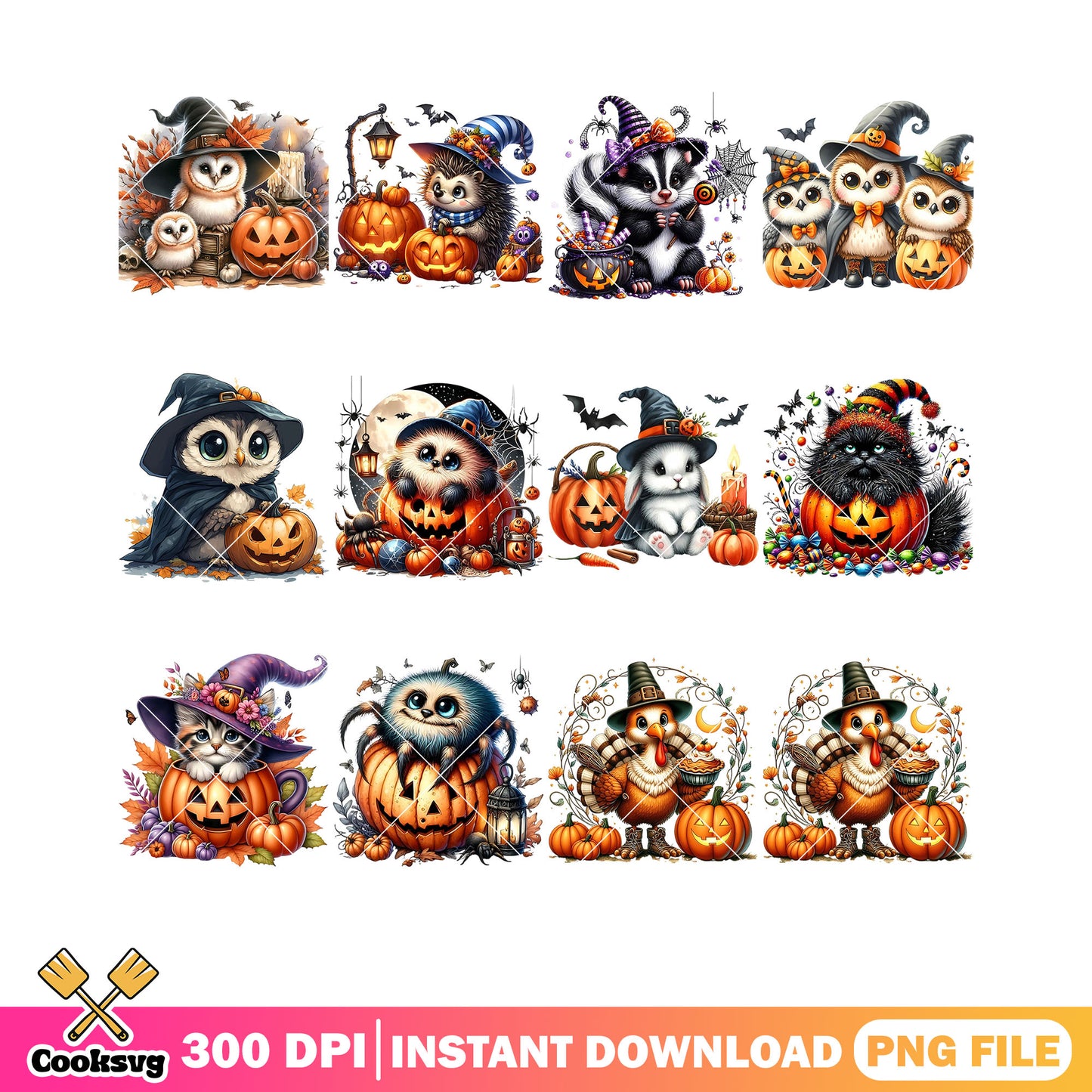 Cute owl turkey black cat png bundle, jack o lantern png, scary bats png