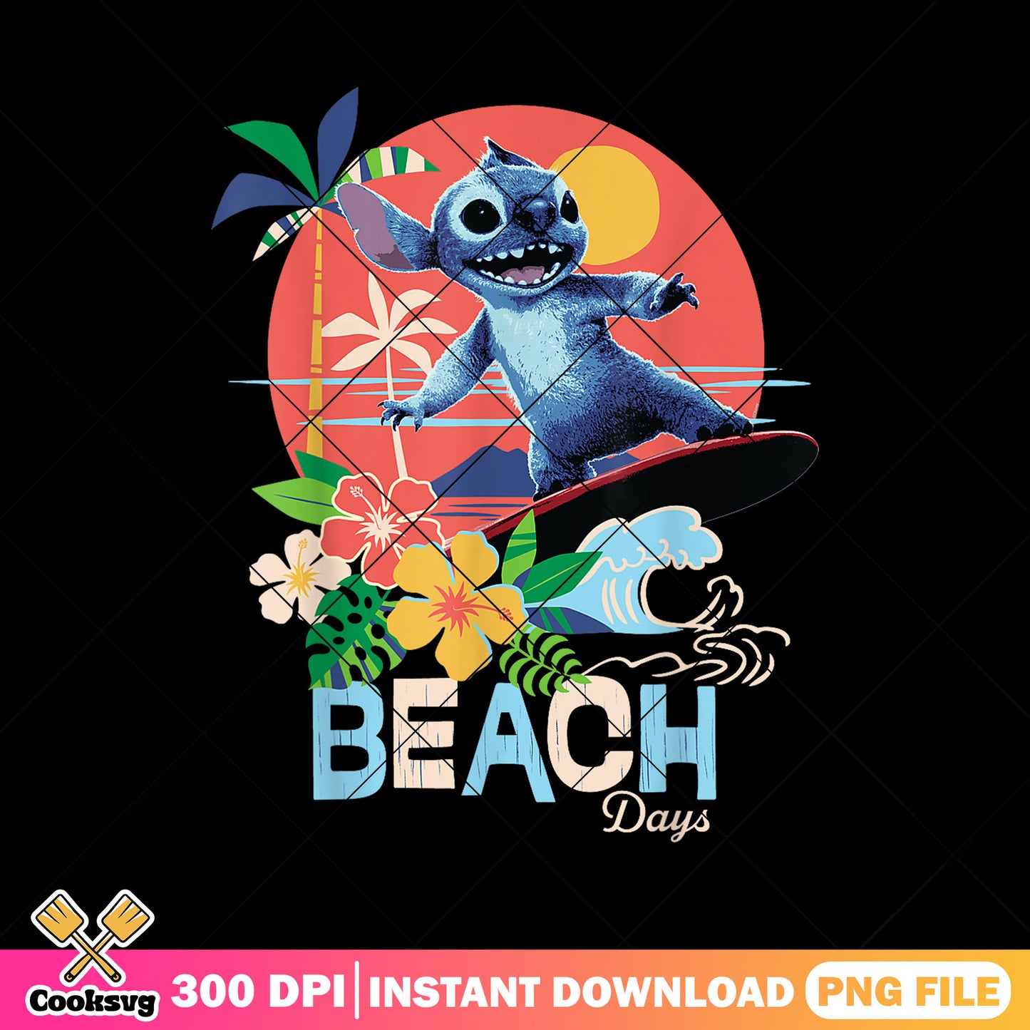 Disney stitch beach day png, stitch beach png, stitch surfing png