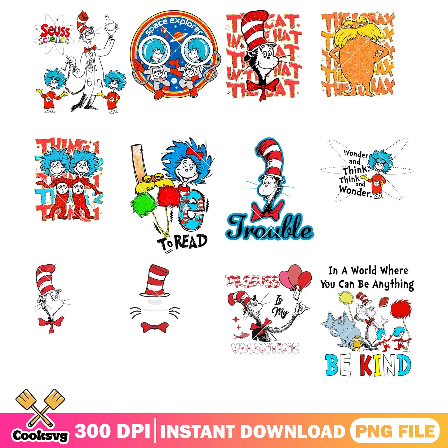 Dr seuss friends love to read png bundle, dr seuss read png