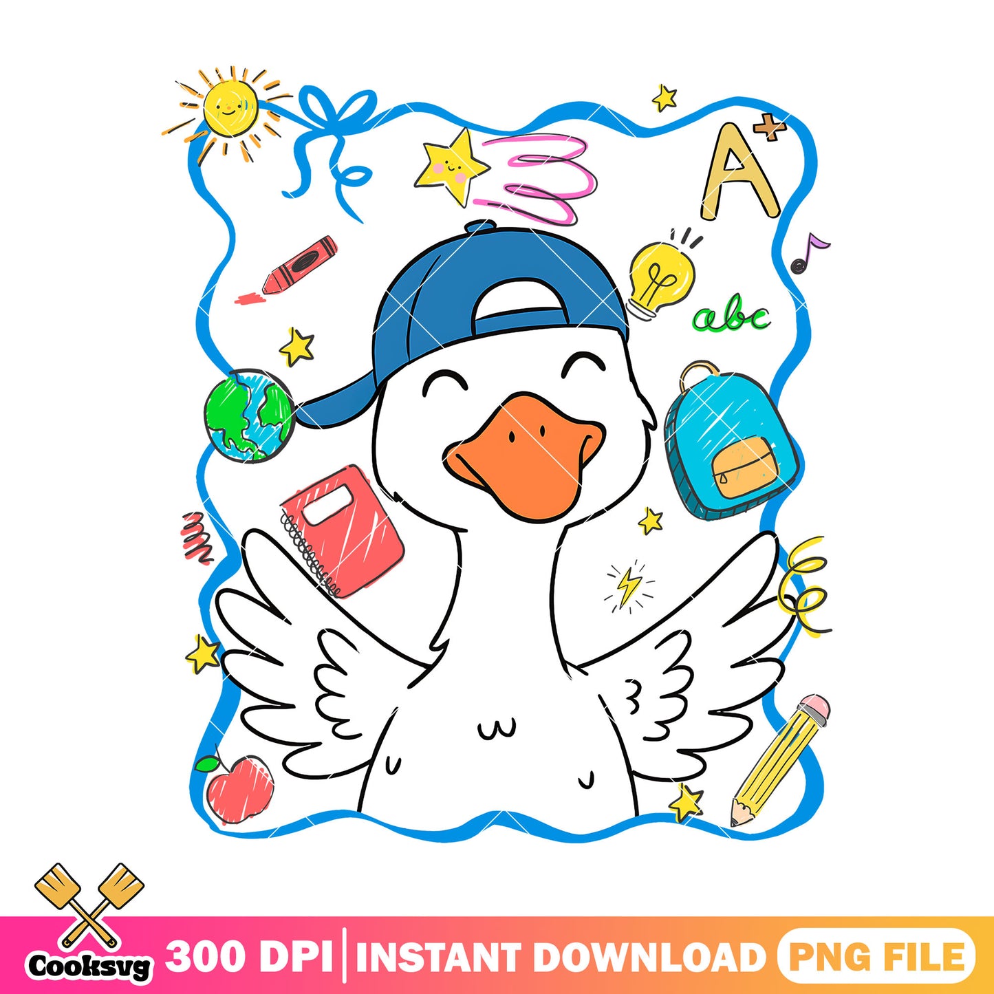 Duck going school png, back to school art png, duck white png