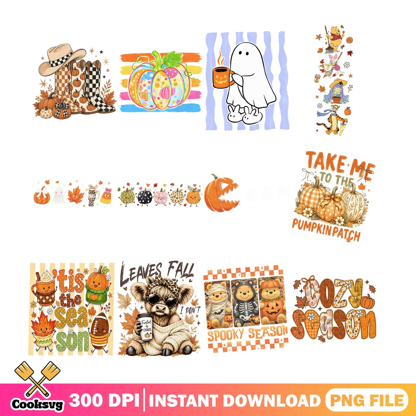 Fall Halloween PNG Bundle, Winnie The Pooh Halloween PNG, Autumn PNG