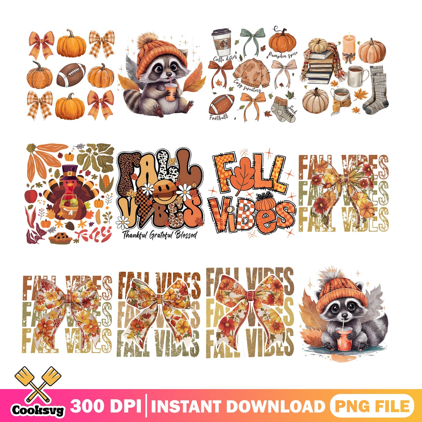 Fall Vibes PNG Bundle, Thanksgiving Autumn Pumpkin PNG, Fall PNG