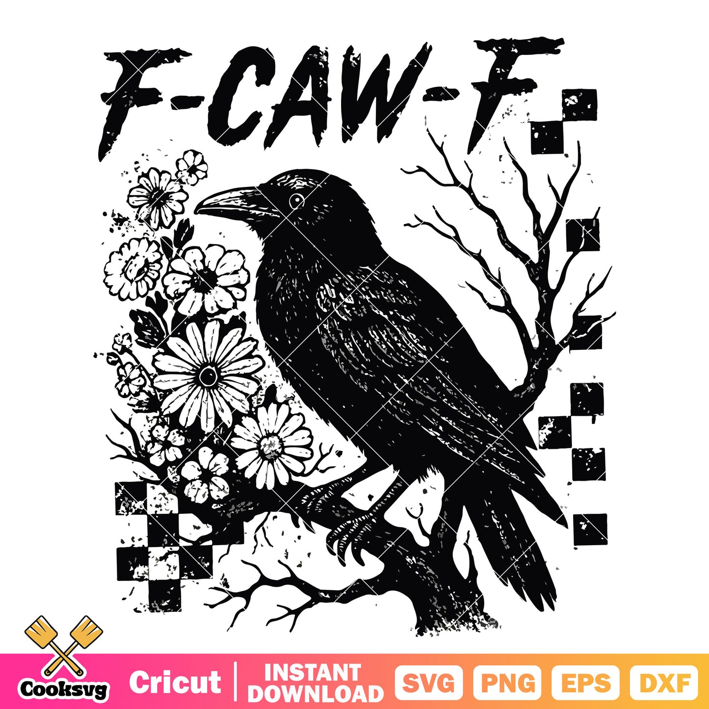 F caw f crow floral svg, halloween crow svg, vintage horror svg