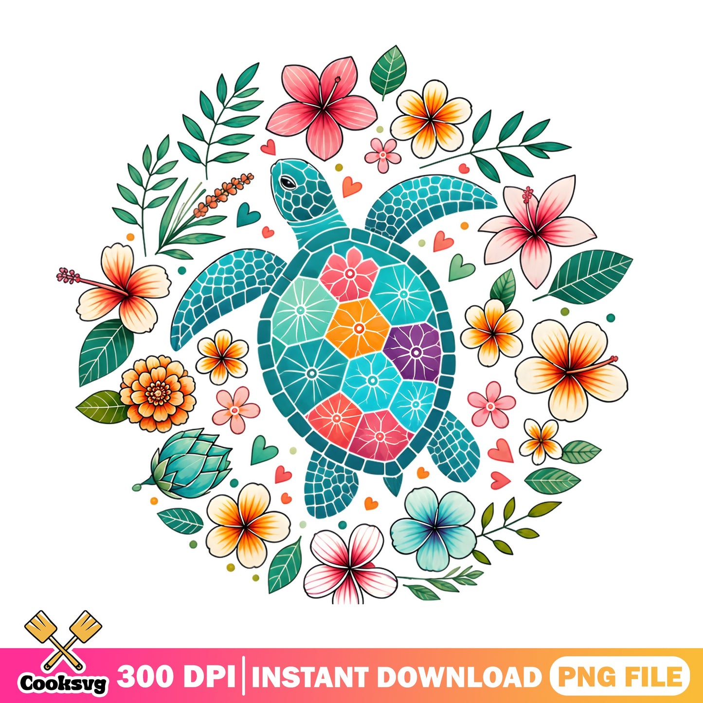 Floral Sea Turtle PNG, Colorful Turtle Design, Summer PNG