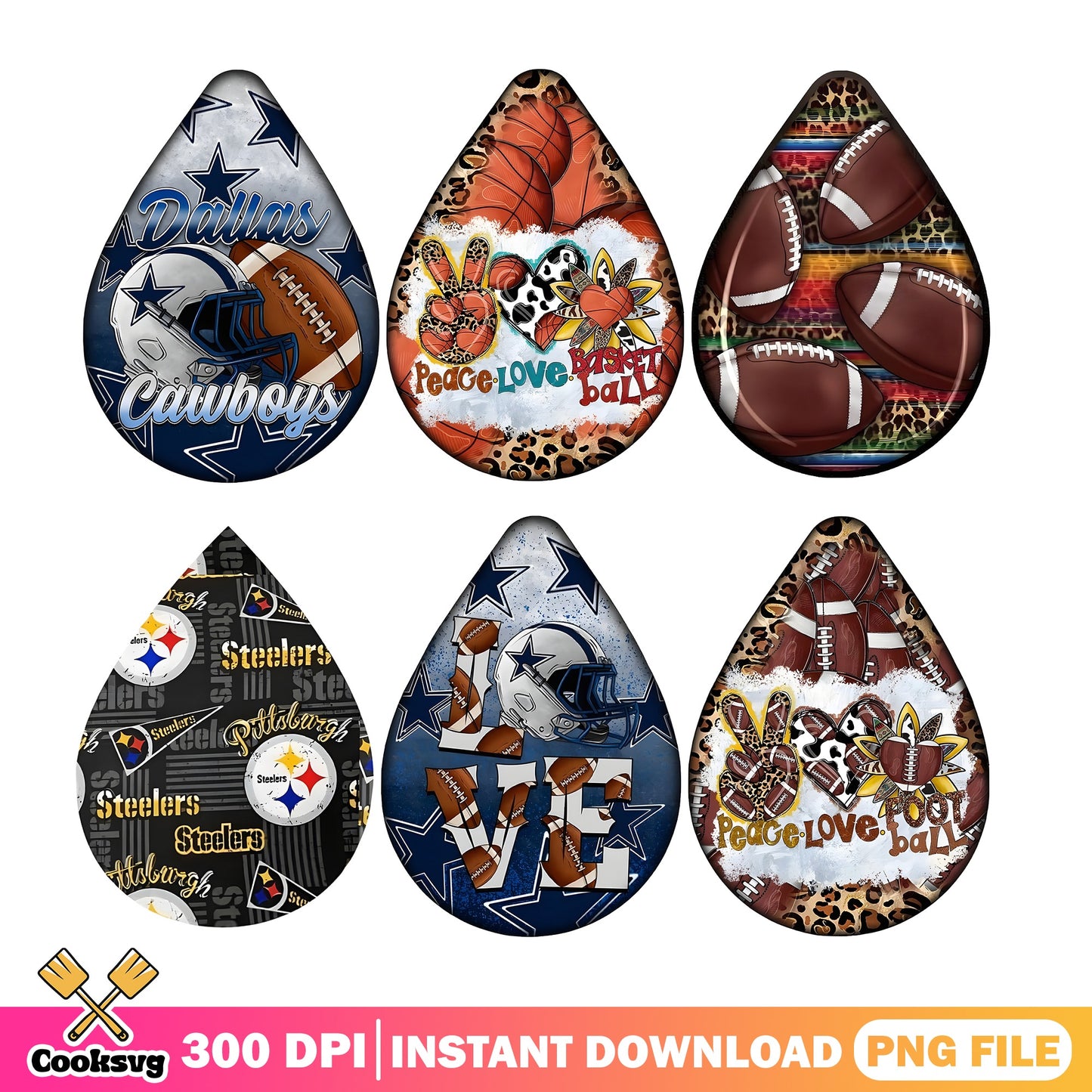 Football Teardrop Earring Bundle PNG, Dallas Cowboys PNG, Sports PNG