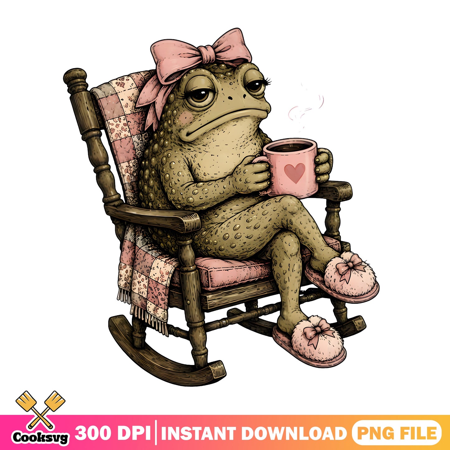 Frog Drinking Coffee Rocking Chair PNG, Cute Frog PNG, Coquette PNG