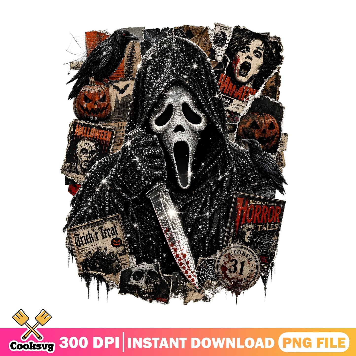 Ghostface Scream Halloween Horror Collage PNG, Scary Movie PNG, Halloween PNG