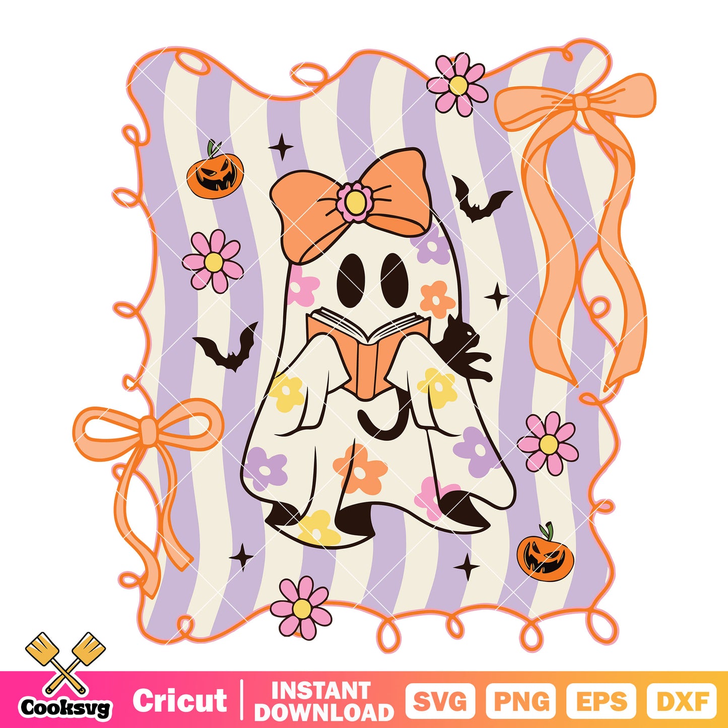 Ghost girl reading book svg, cute ghost svg, halloween bow svg
