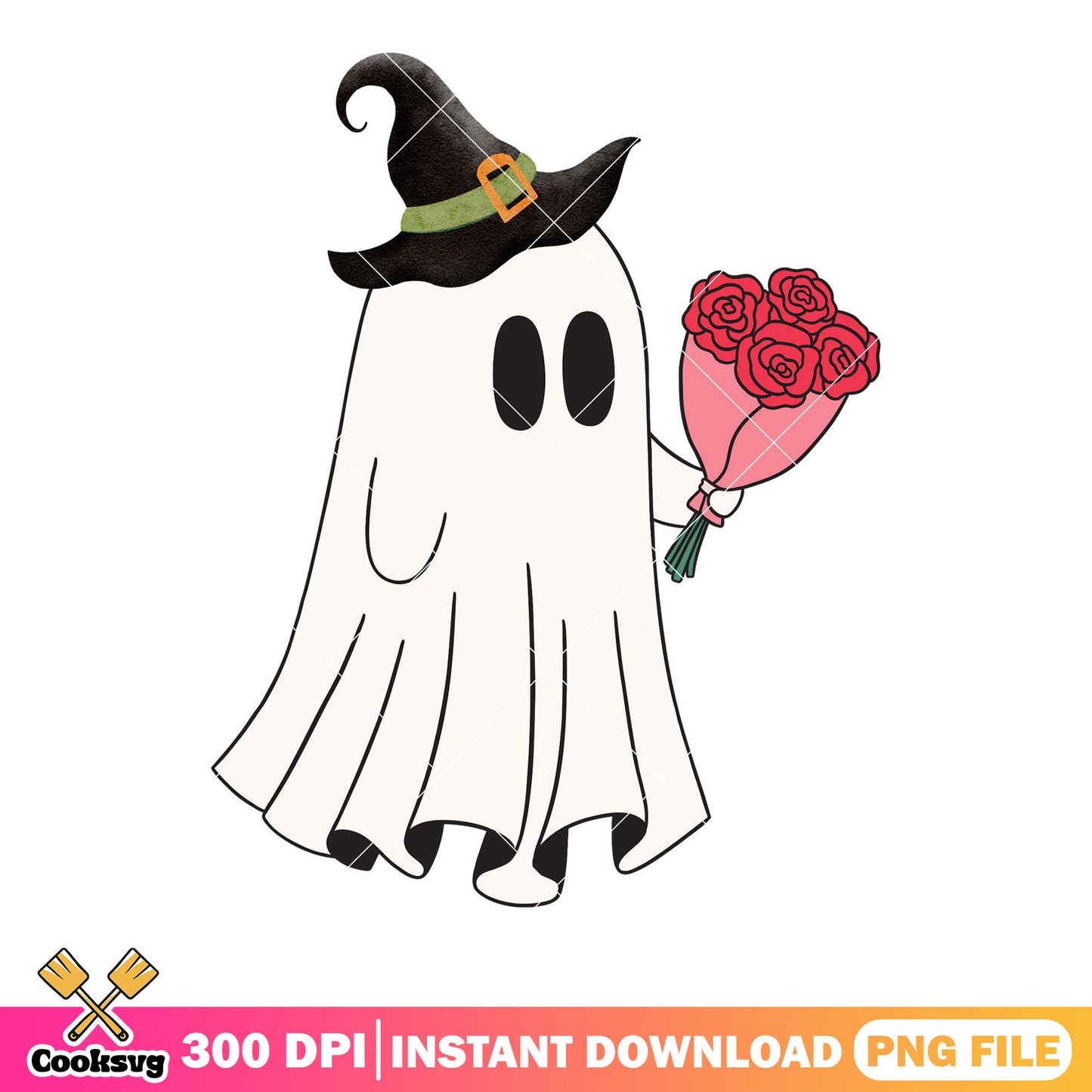 Ghost no eyes witch hat png, rose flower png, halloween scary png