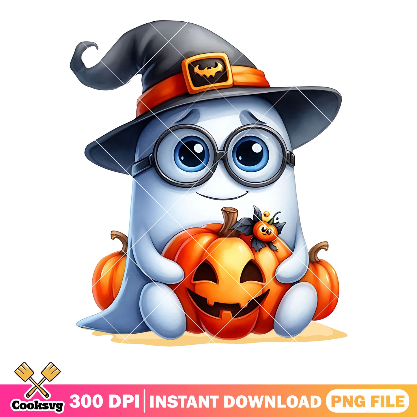 Glasses ghost wicker pumpkin png, witch hat png, cute halloween png